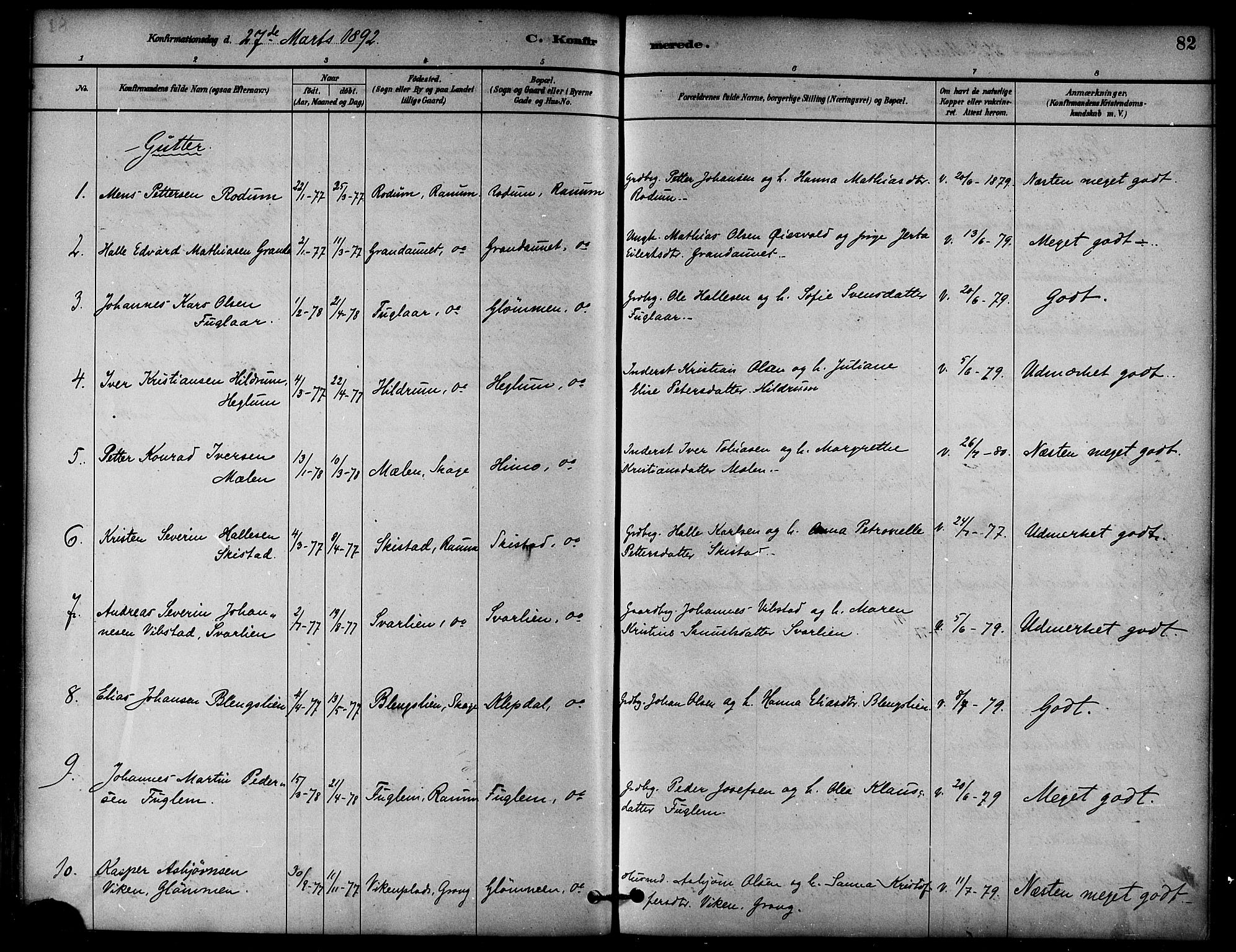 Ministerialprotokoller, klokkerbøker og fødselsregistre - Nord-Trøndelag, AV/SAT-A-1458/764/L0555: Parish register (official) no. 764A10, 1881-1896, p. 82