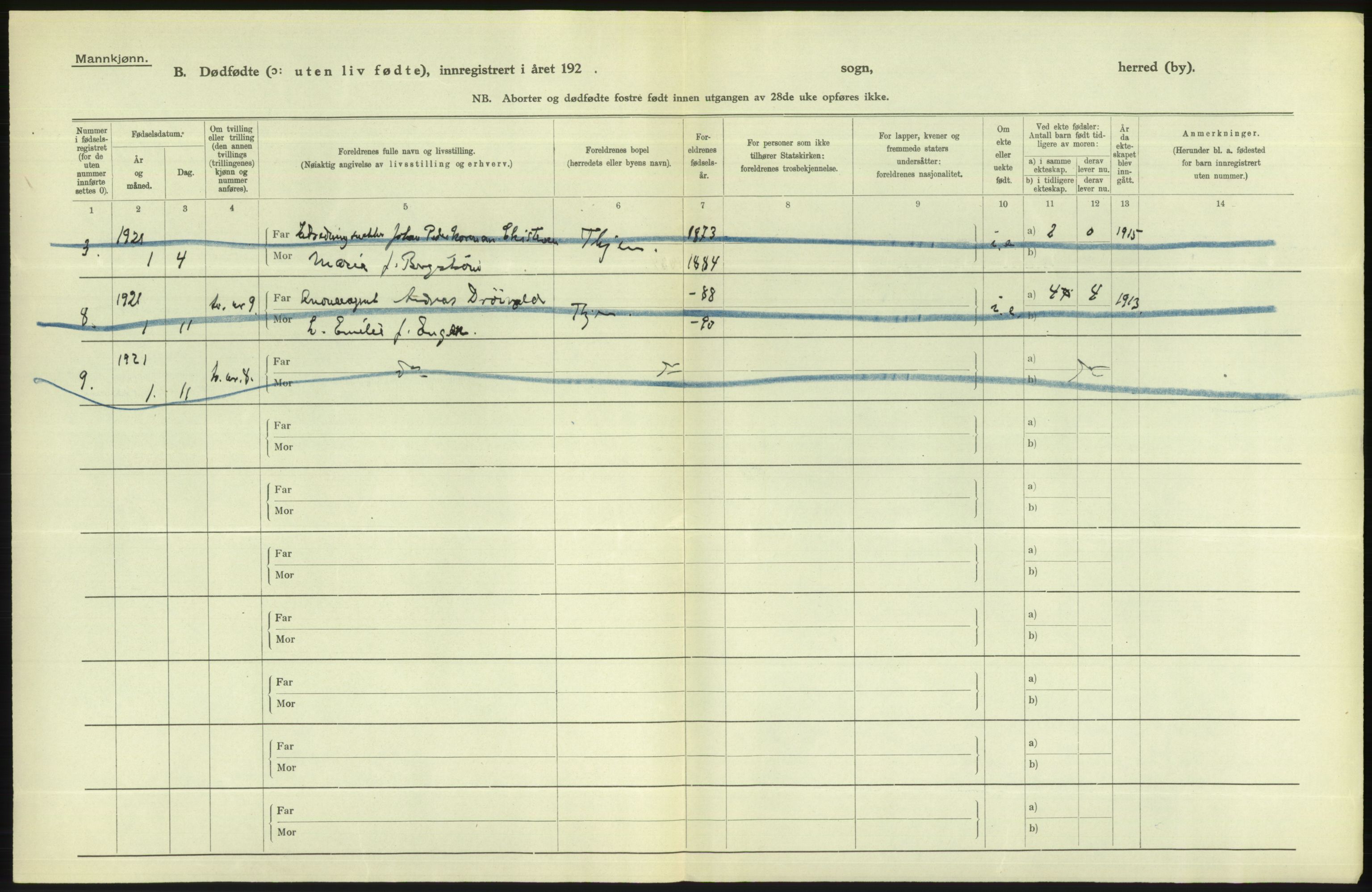 Statistisk sentralbyrå, Sosiodemografiske emner, Befolkning, AV/RA-S-2228/D/Df/Dfc/Dfca/L0046: Trondheim: Døde, dødfødte., 1921, p. 274