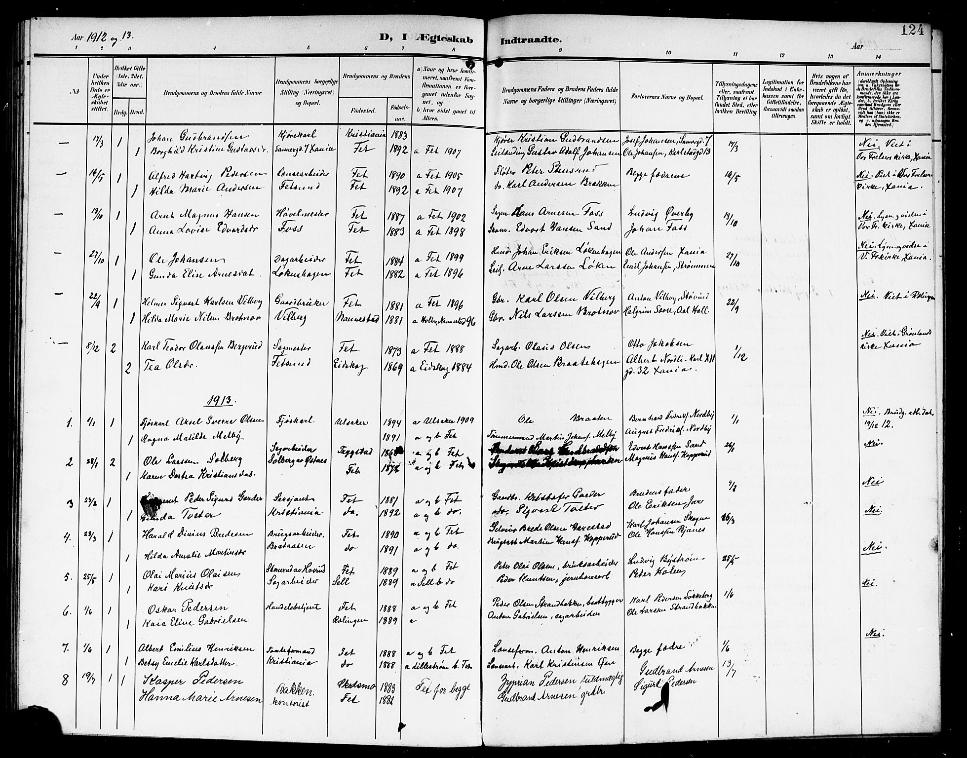 Fet prestekontor Kirkebøker, AV/SAO-A-10370a/G/Ga/L0008: Parish register (copy) no. I 8, 1907-1920, p. 124