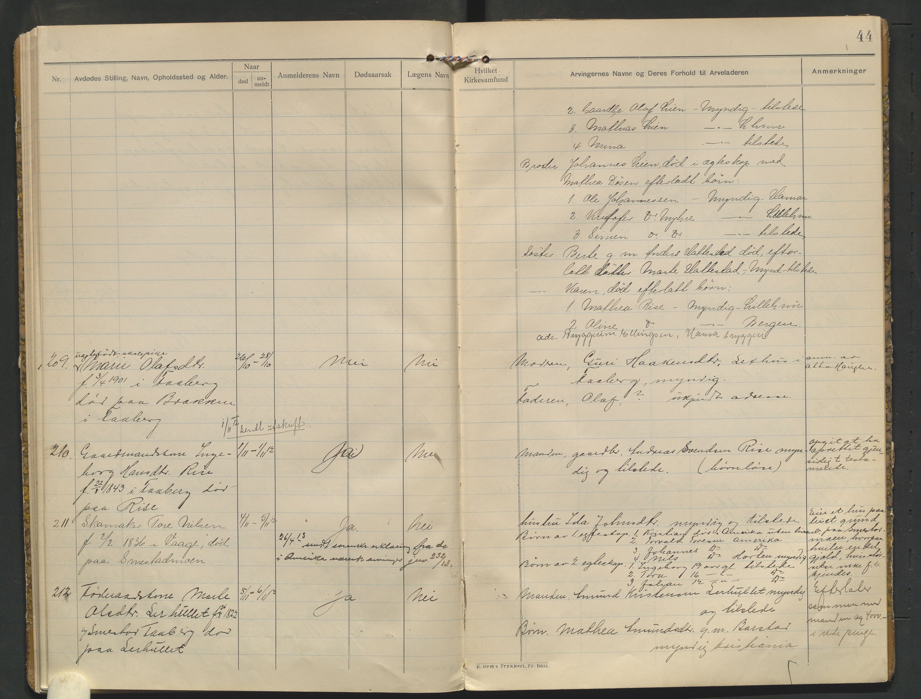 Fåberg lensmannskontor, AV/SAH-PGF-016/H/Ha/L0001/0001: Dødsfallsprotokoller / Dødsfallsprotokoll, 1909-1913, p. 44