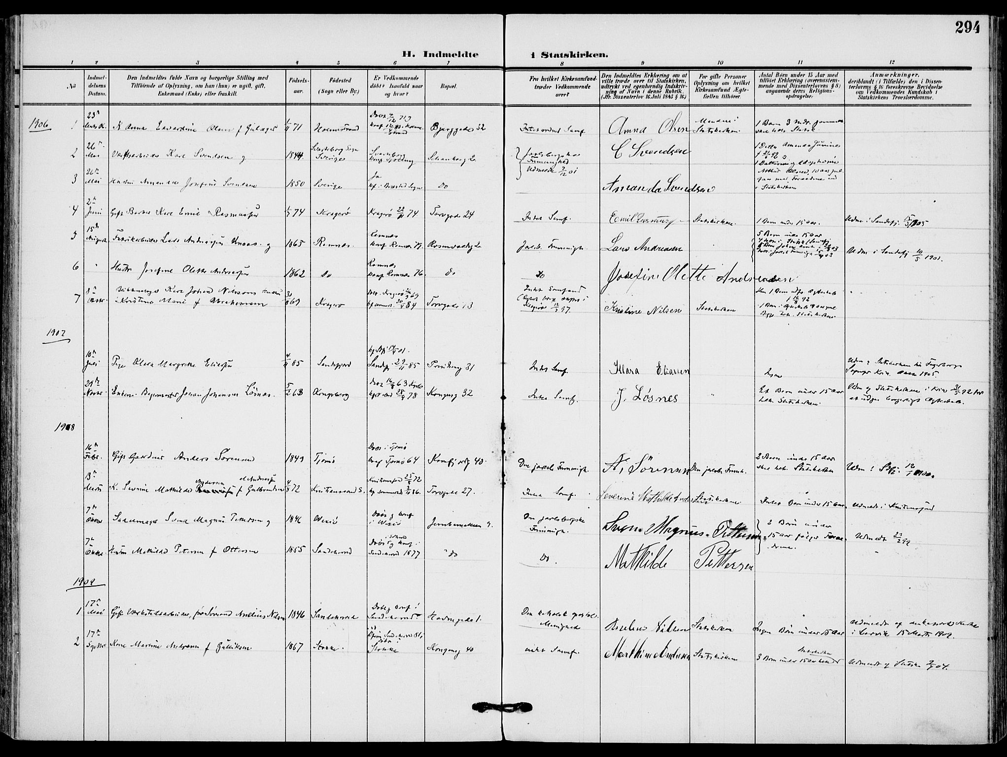 Sandefjord kirkebøker, SAKO/A-315/F/Fa/L0005: Parish register (official) no. 5, 1906-1915, p. 294