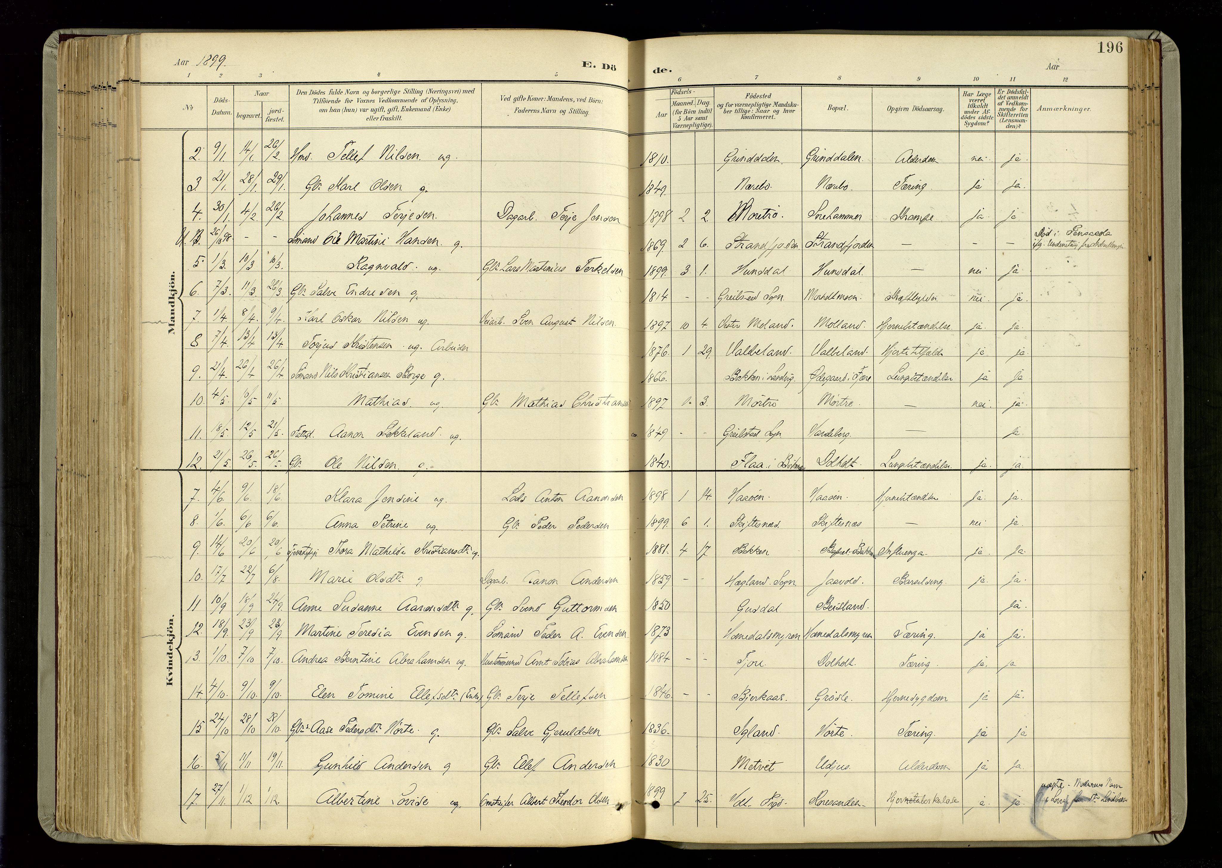 Hommedal sokneprestkontor, SAK/1111-0023/F/Fa/Fab/L0007: Parish register (official) no. A 7, 1898-1924, p. 196