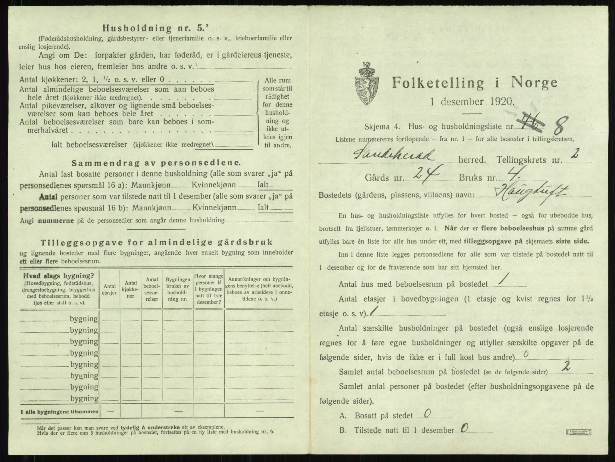 SAKO, 1920 census for Sandeherred, 1920, p. 164