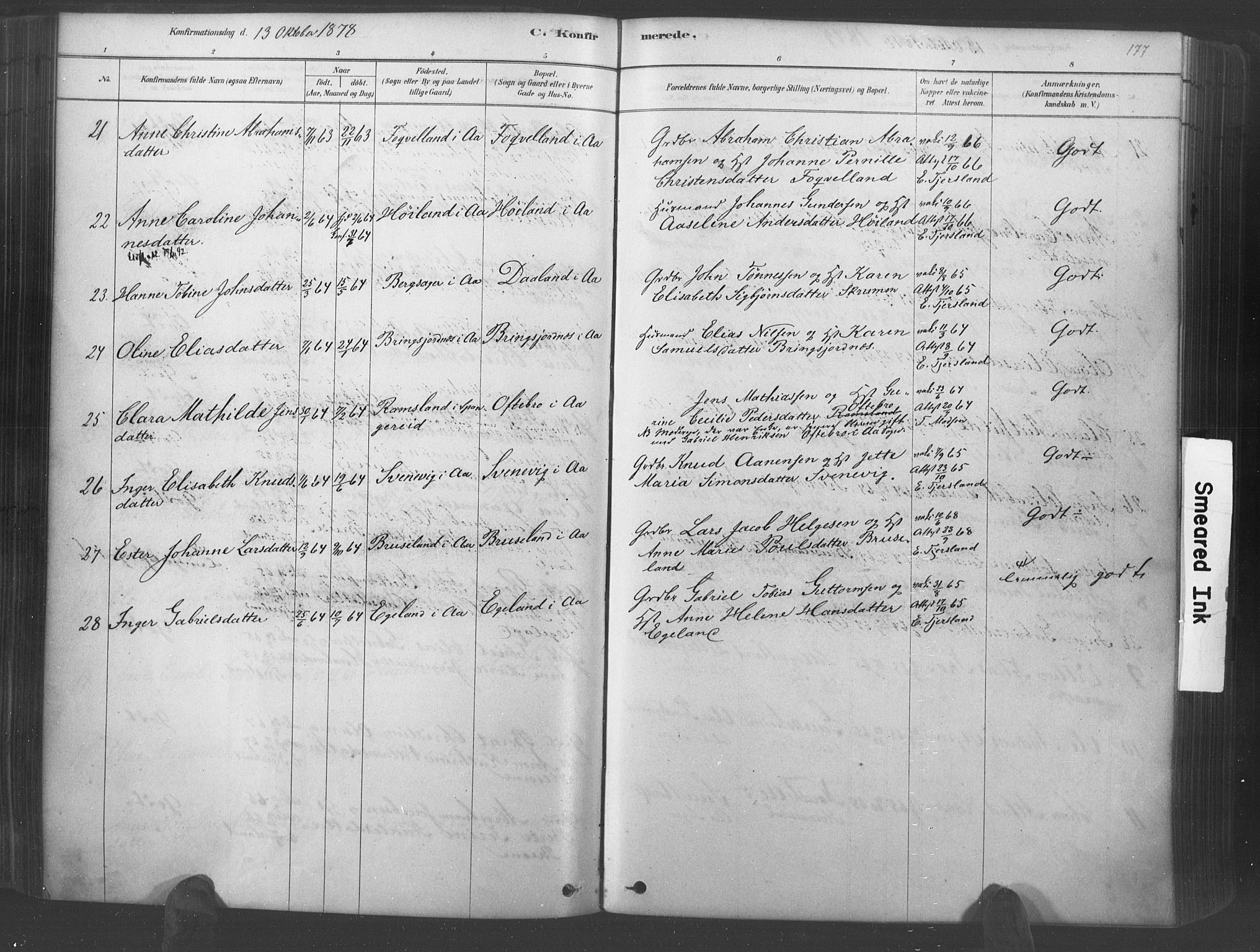 Lyngdal sokneprestkontor, AV/SAK-1111-0029/F/Fa/Fac/L0011: Parish register (official) no. A 11, 1878-1893, p. 177