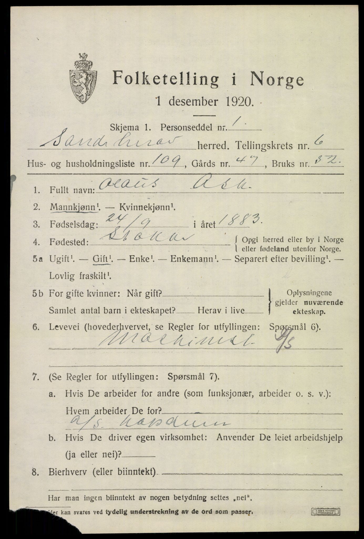 SAKO, 1920 census for Sandeherred, 1920, p. 11060