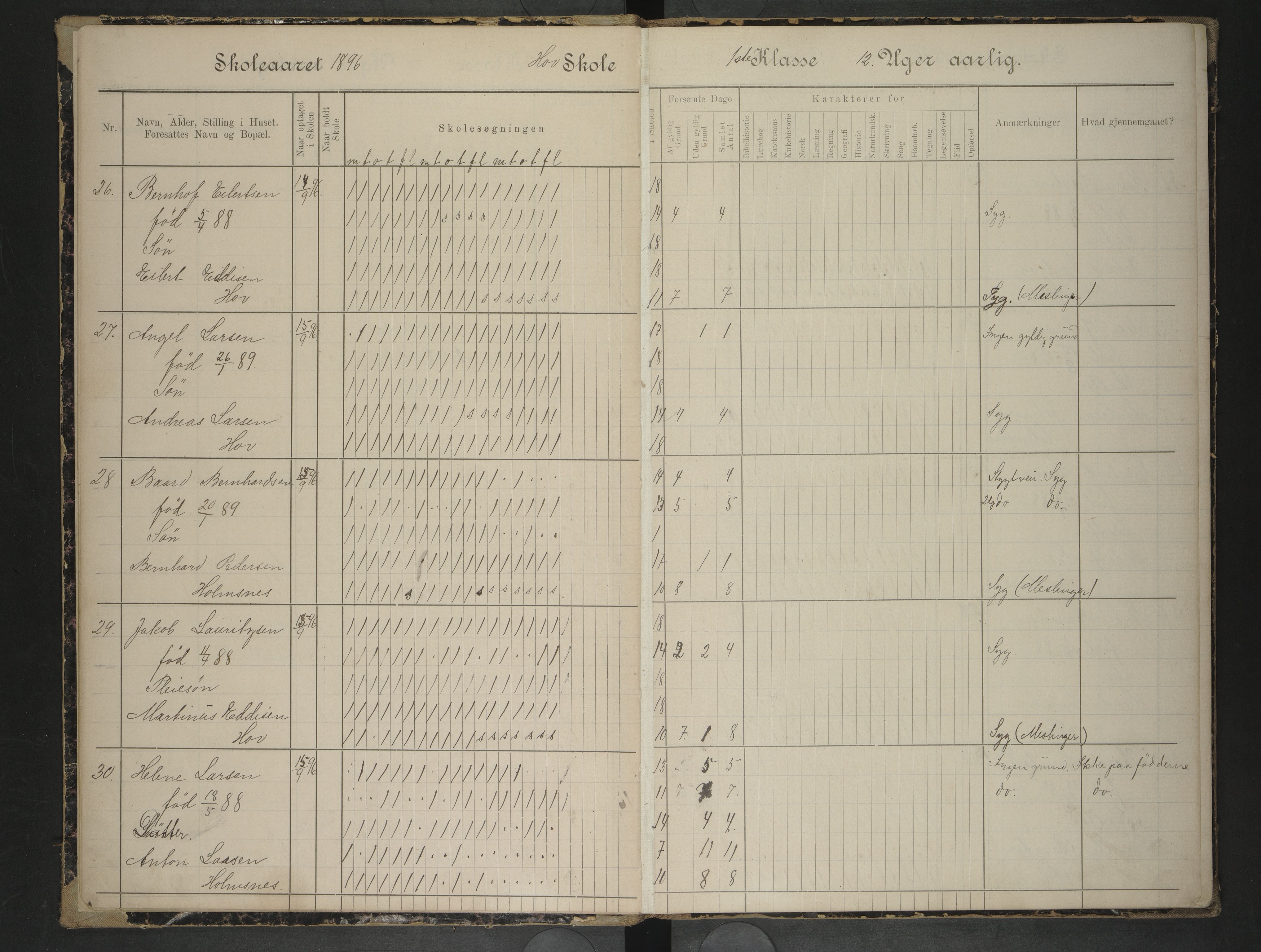 Hadsel kommune. Ymse skolekretser , AIN/K-18660.510.57/F/Fb/L0007: Skoleprotokoll for Hov, Kalsnes og Haukenes småskole, 1896-1901