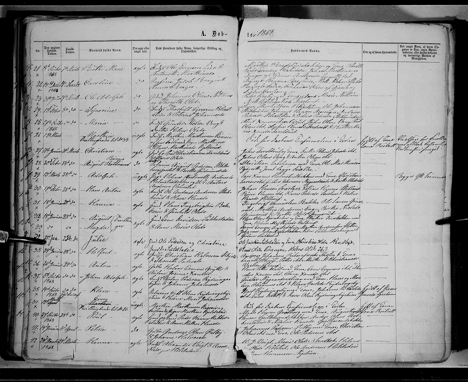 Østre Toten prestekontor, AV/SAH-PREST-104/H/Ha/Haa/L0005: Parish register (official) no. 5, 1866-1877, p. 43