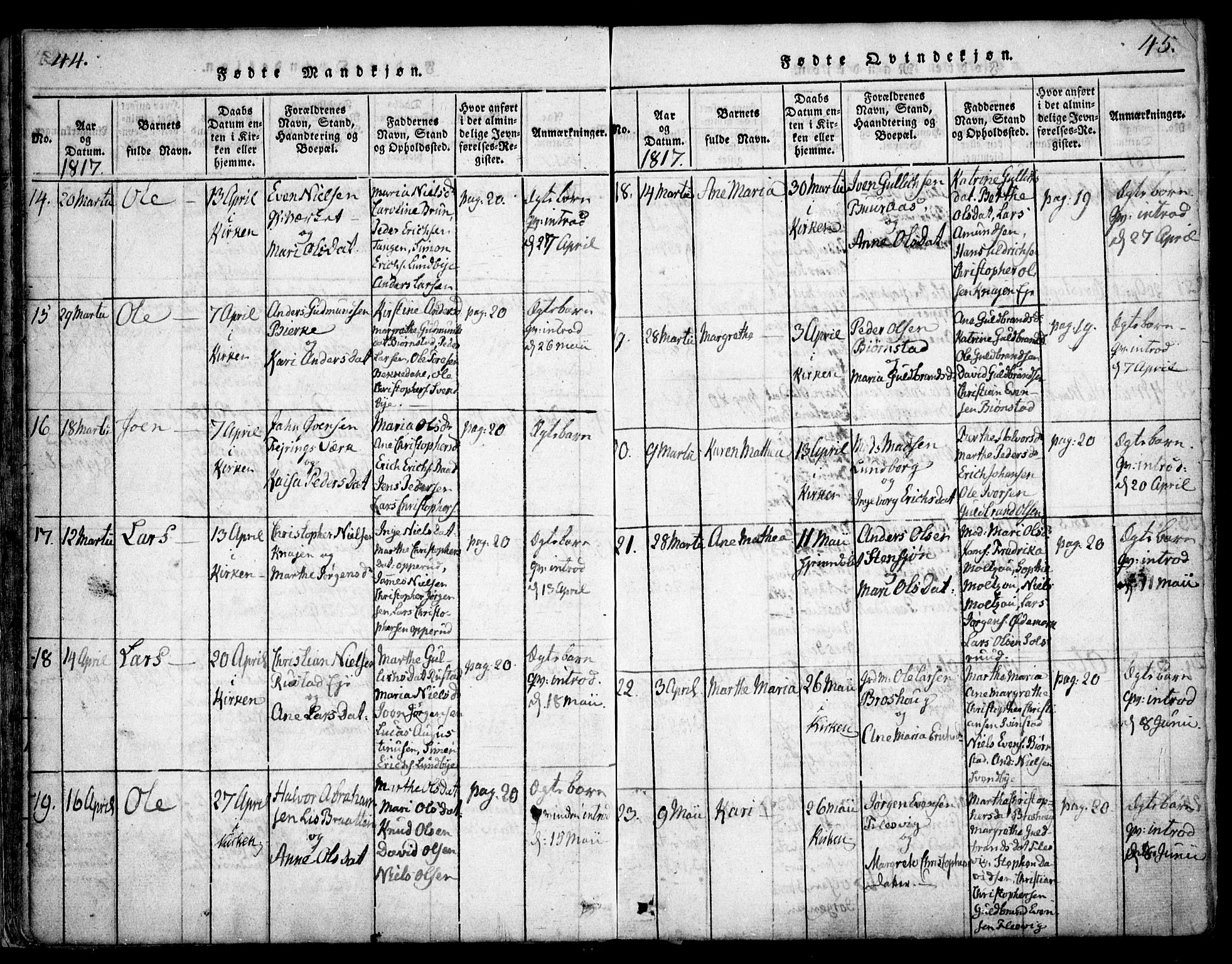 Hurdal prestekontor Kirkebøker, AV/SAO-A-10889/F/Fa/L0003: Parish register (official) no. I 3, 1815-1828, p. 44-45