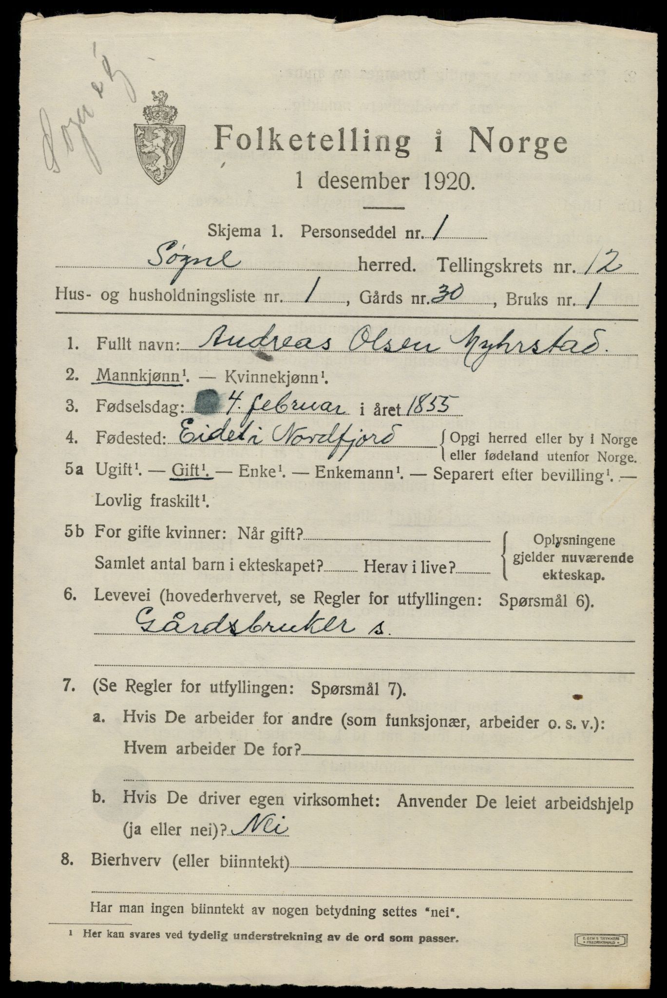 SAK, 1920 census for Søgne, 1920, p. 5925