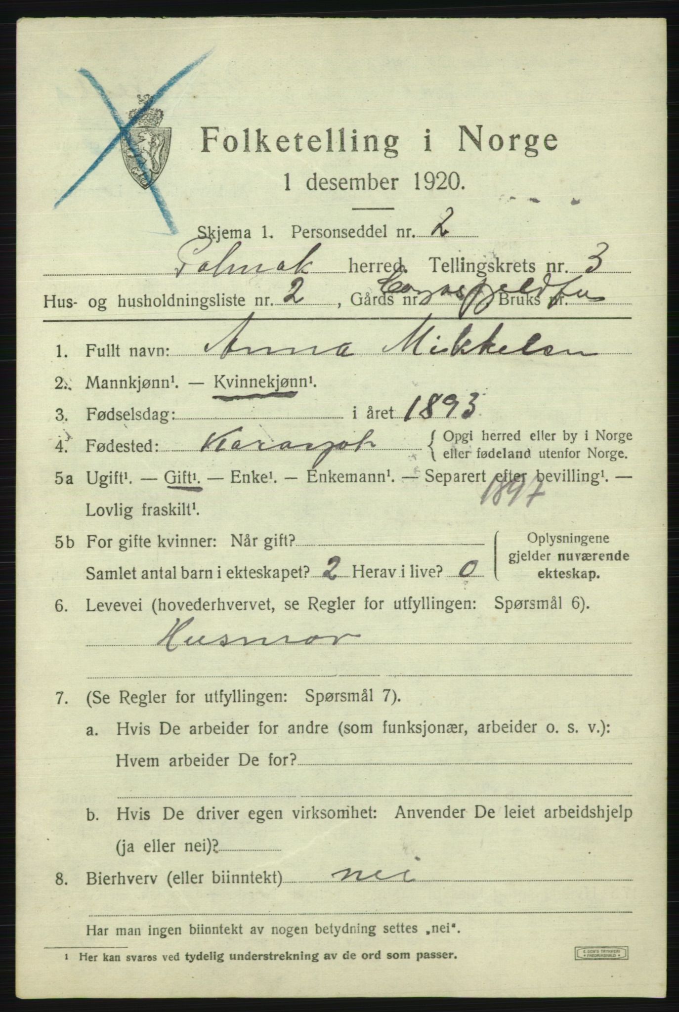 SATØ, 1920 census for Polmak, 1920, p. 1333