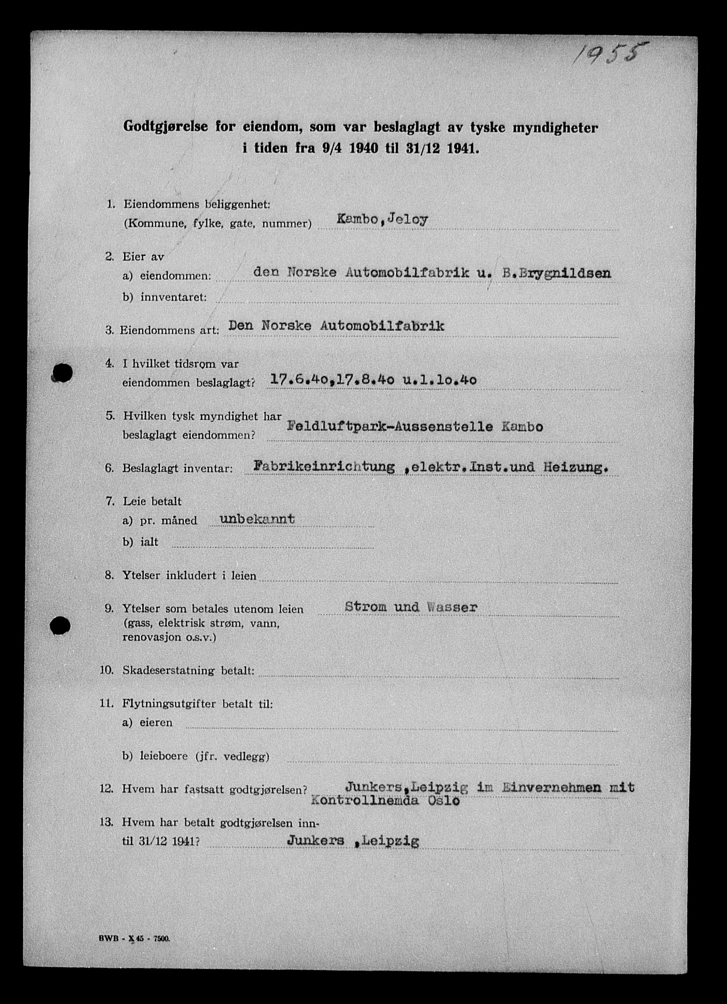 Justisdepartementet, Tilbakeføringskontoret for inndratte formuer, AV/RA-S-1564/I/L1010: Godtgjørelse for beslaglagt eiendom, 1940-1941, p. 10