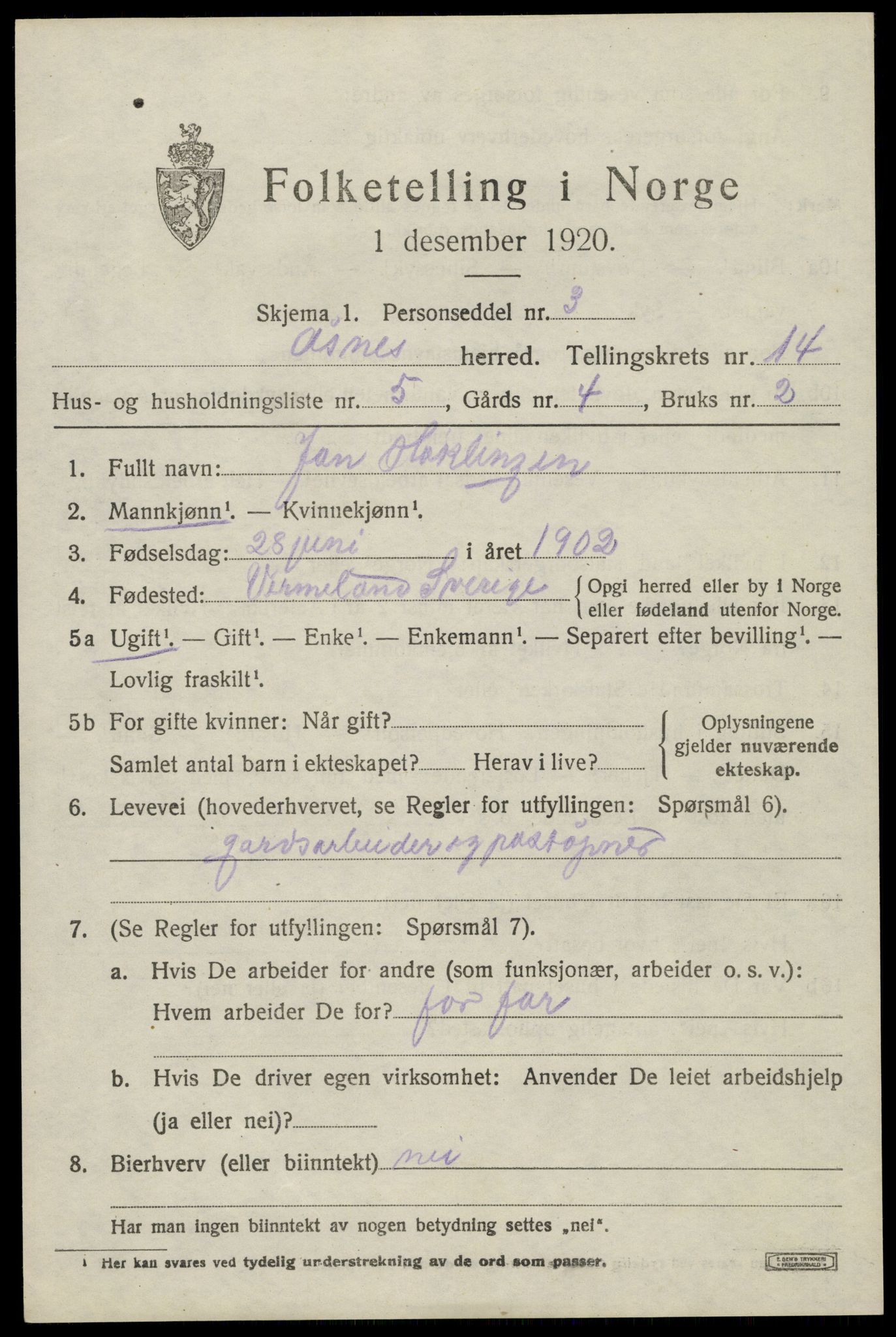 SAH, 1920 census for Åsnes, 1920, p. 13420