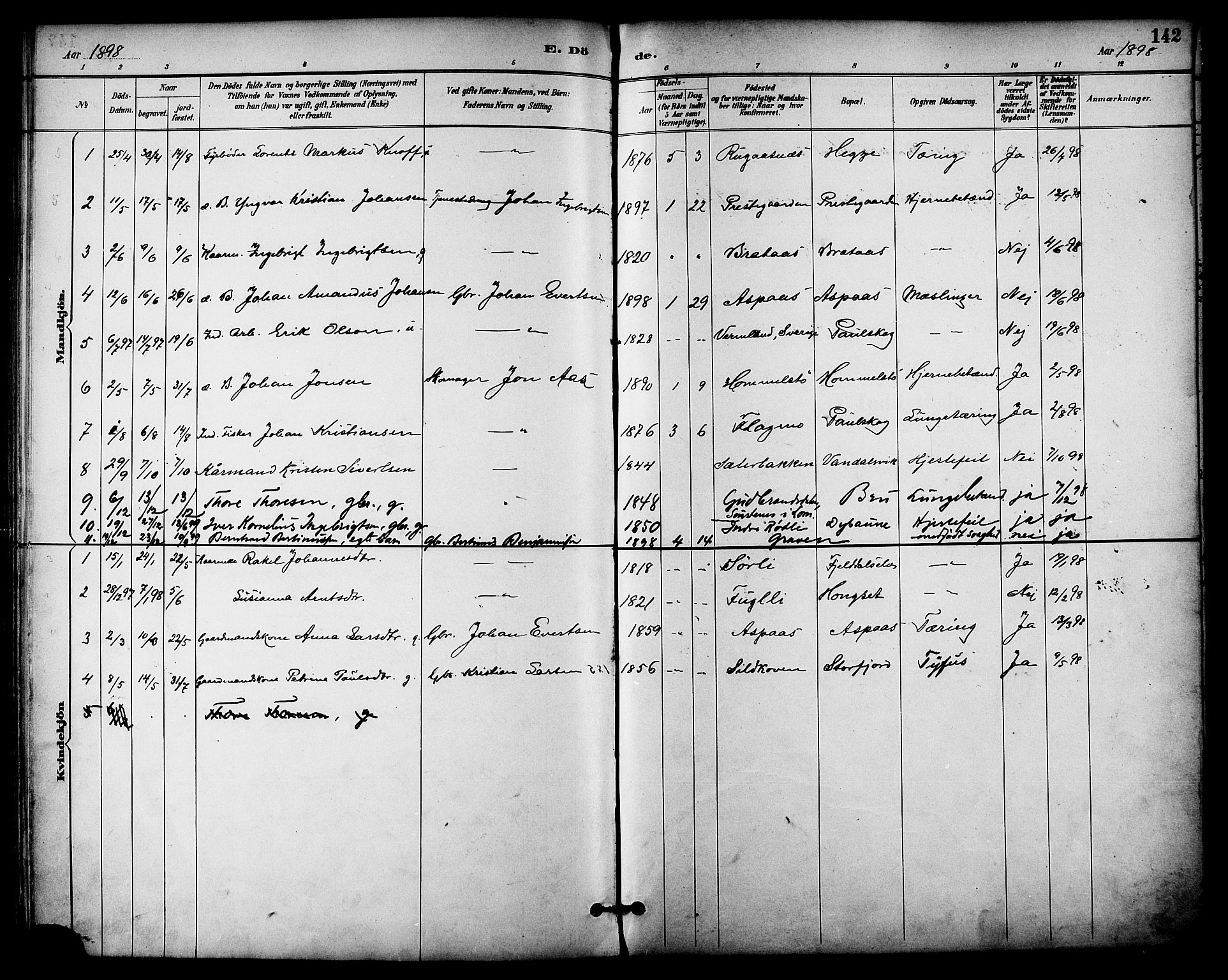 Ministerialprotokoller, klokkerbøker og fødselsregistre - Nordland, AV/SAT-A-1459/814/L0226: Parish register (official) no. 814A07, 1886-1898, p. 142