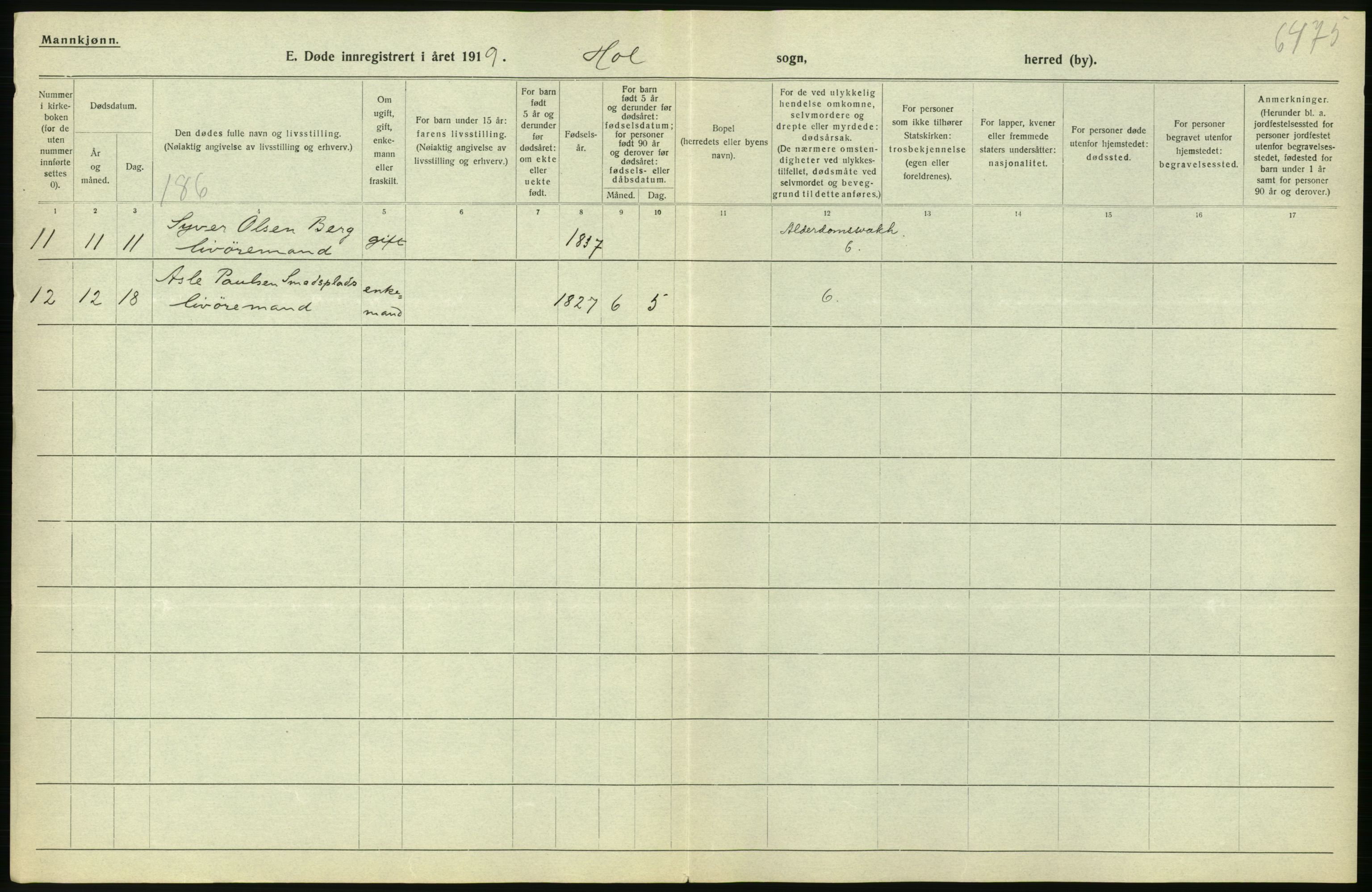 Statistisk sentralbyrå, Sosiodemografiske emner, Befolkning, AV/RA-S-2228/D/Df/Dfb/Dfbi/L0018: Buskerud fylke: Døde. Bygder og byer., 1919, p. 228