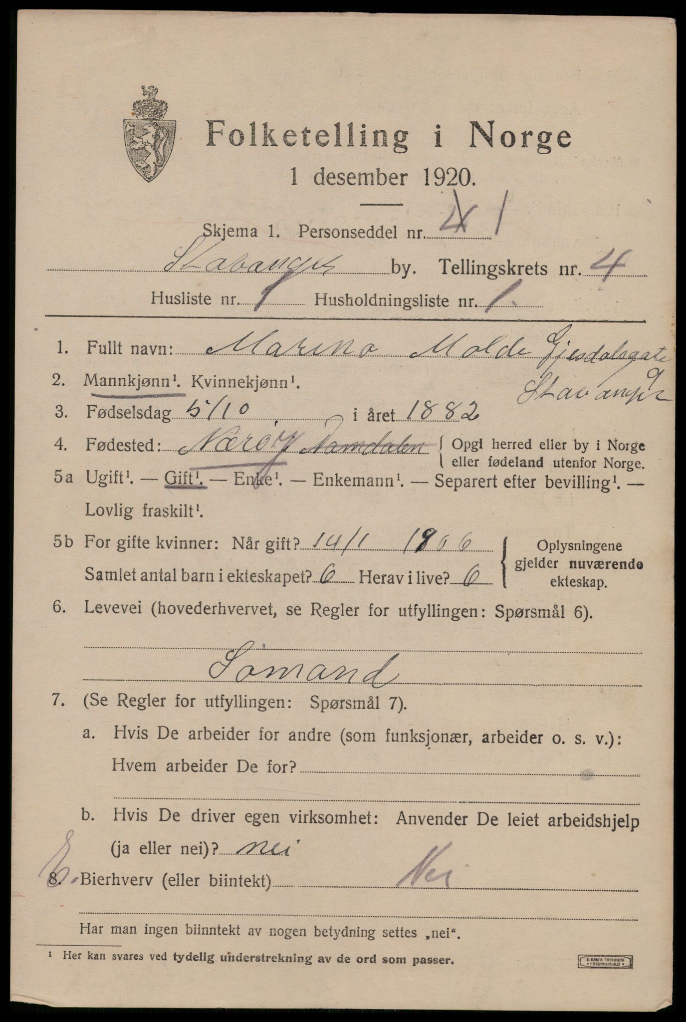 SAST, 1920 census for Stavanger, 1920, p. 37064