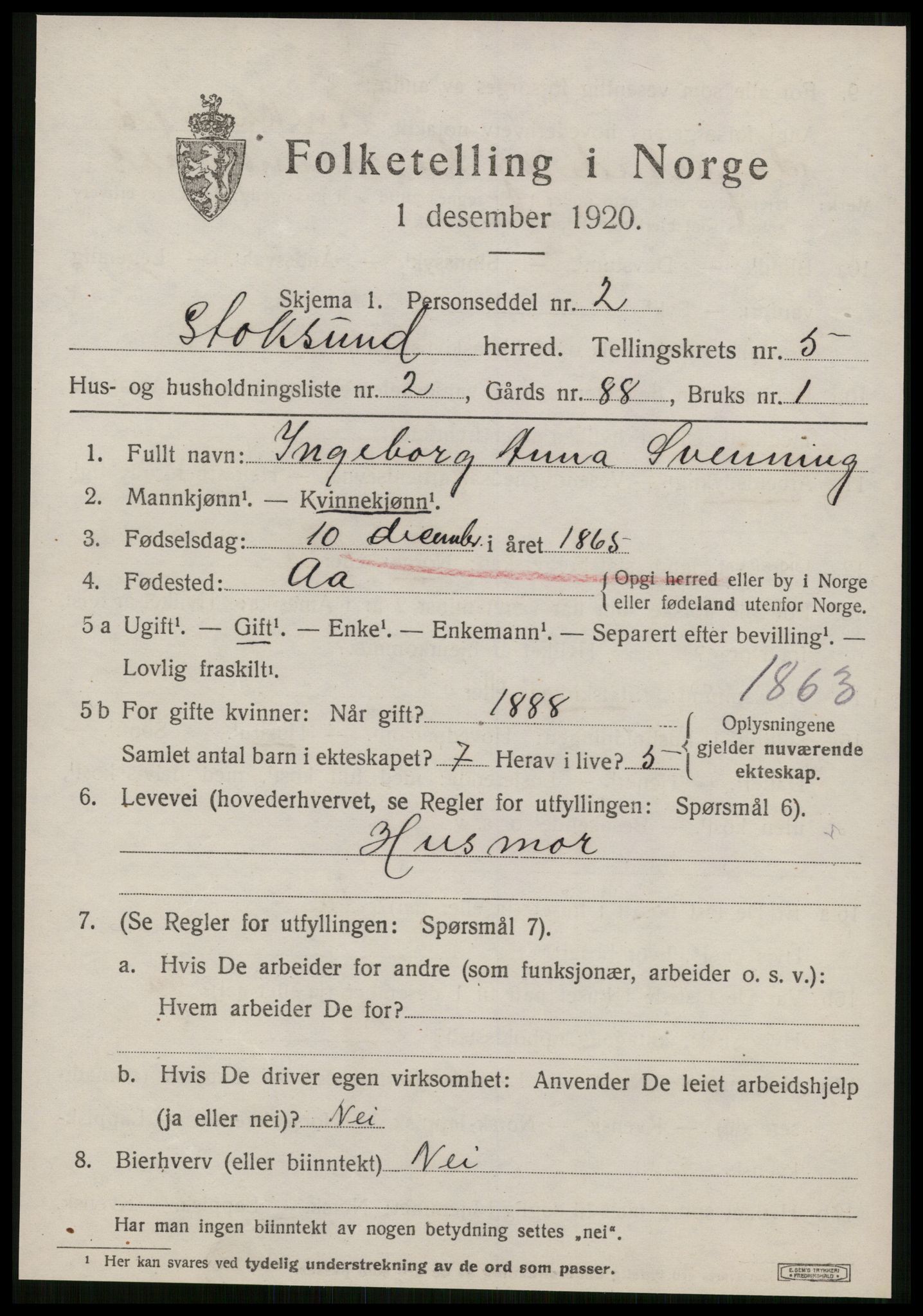 SAT, 1920 census for Stoksund, 1920, p. 2596