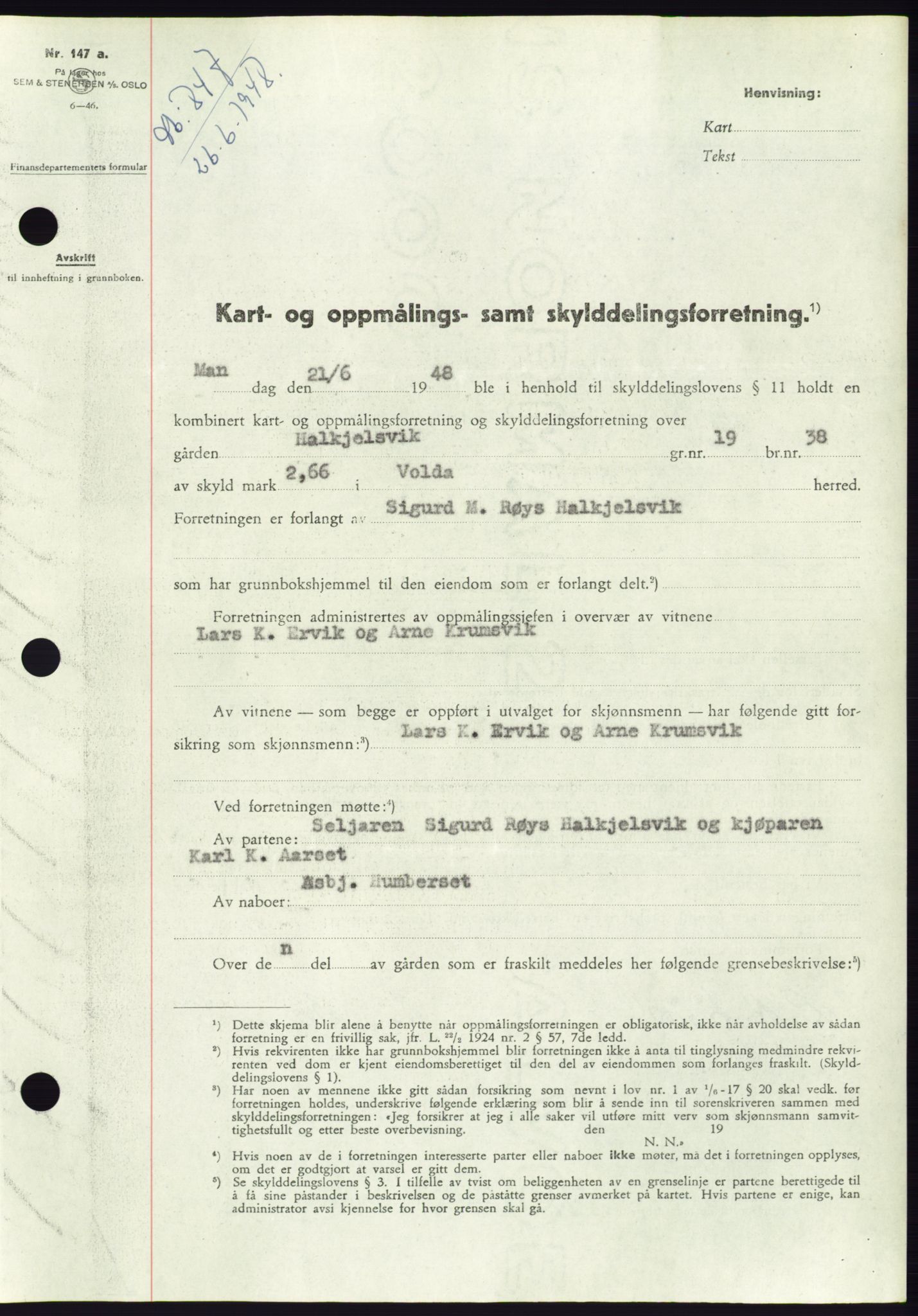 Søre Sunnmøre sorenskriveri, AV/SAT-A-4122/1/2/2C/L0082: Mortgage book no. 8A, 1948-1948, Diary no: : 847/1948