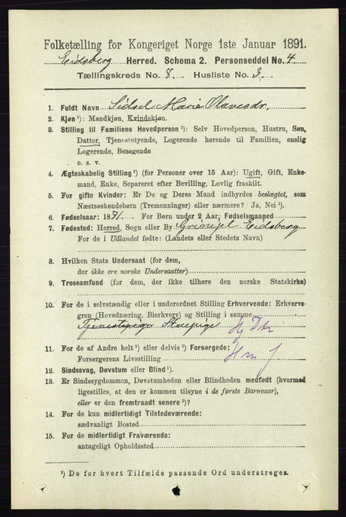 RA, 1891 census for 0125 Eidsberg, 1891, p. 4650