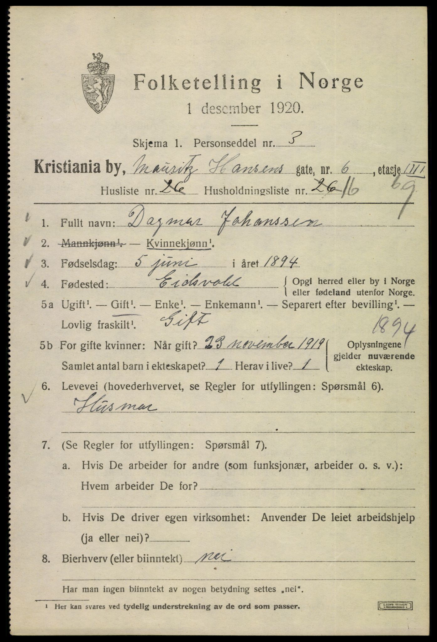 SAO, 1920 census for Kristiania, 1920, p. 393543