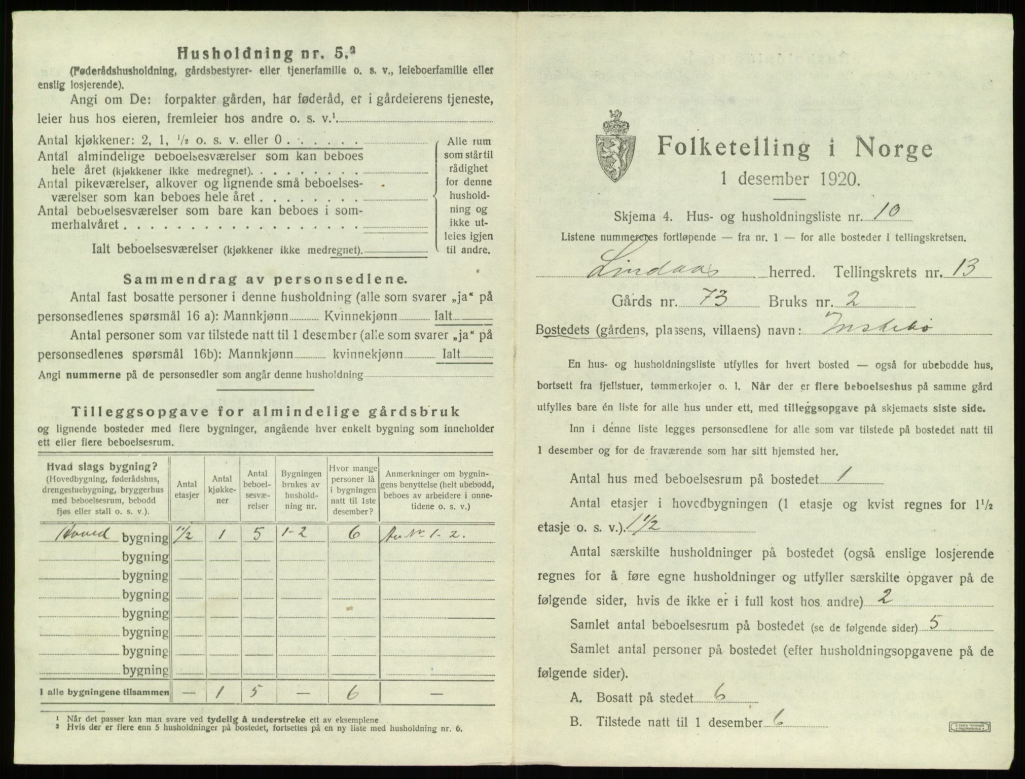 SAB, 1920 census for Lindås, 1920, p. 843