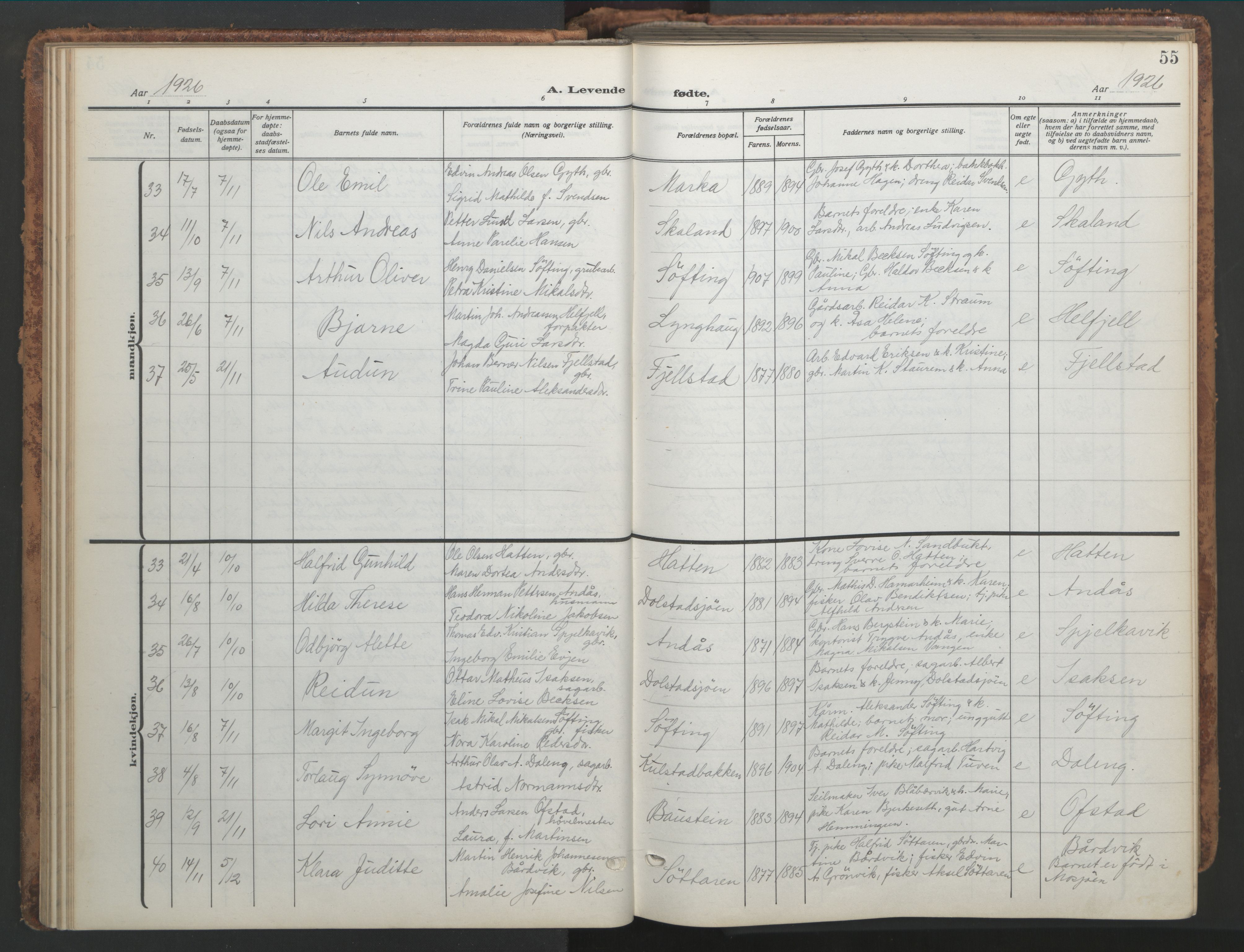 Ministerialprotokoller, klokkerbøker og fødselsregistre - Nordland, AV/SAT-A-1459/820/L0302: Parish register (copy) no. 820C04, 1917-1948, p. 55