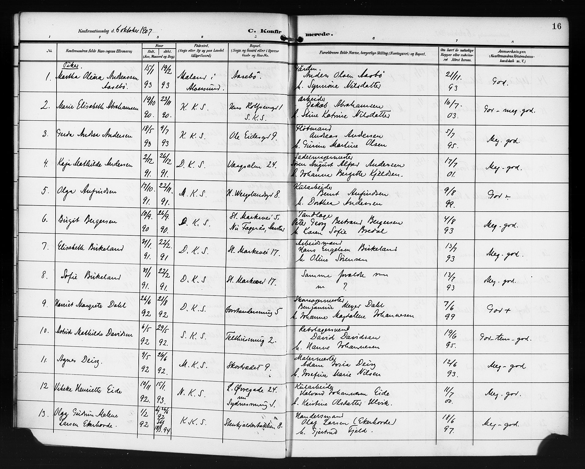 Korskirken sokneprestembete, SAB/A-76101/H/Haa/L0031: Parish register (official) no. C 7, 1907-1921, p. 16
