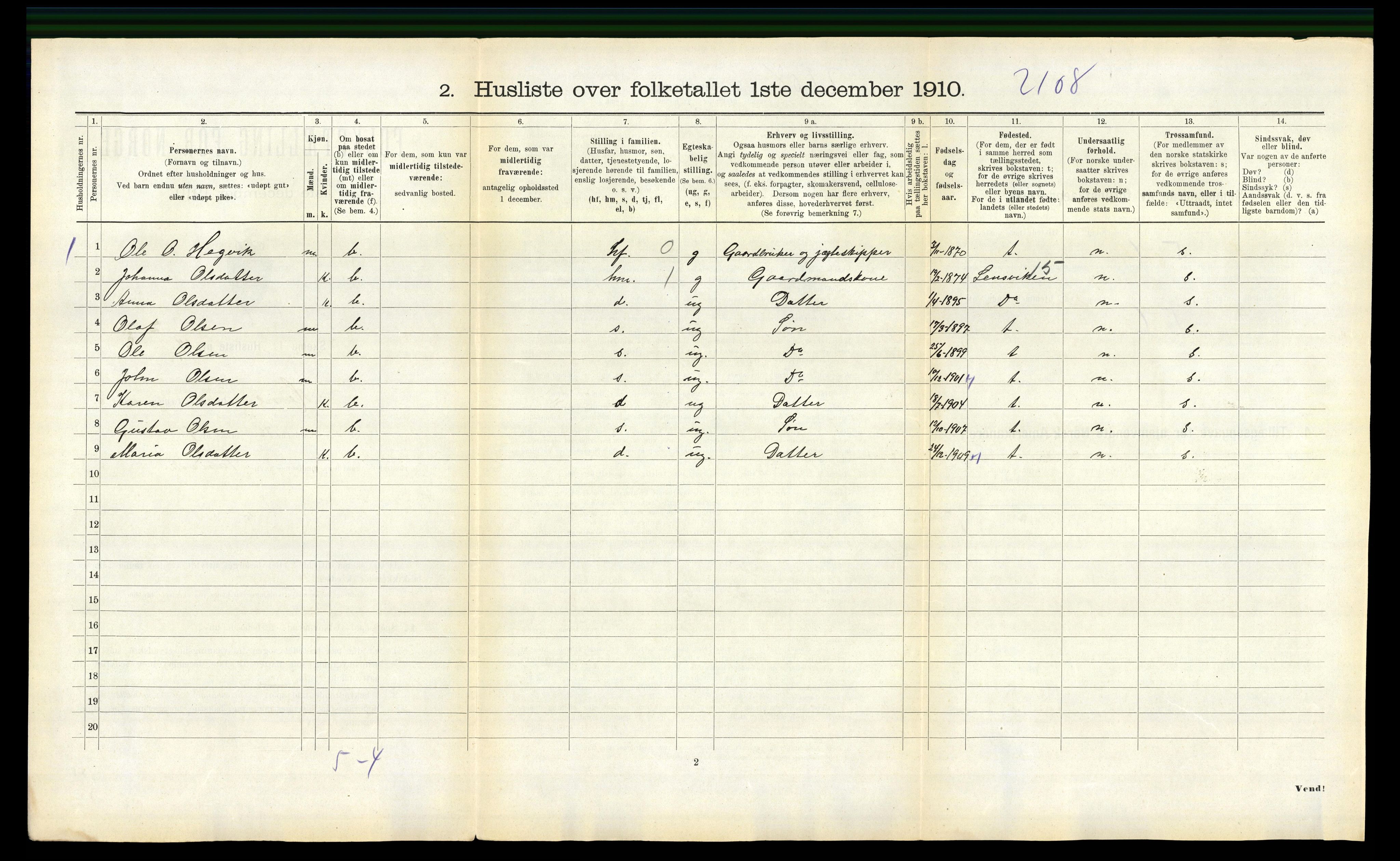 RA, 1910 census for Hemne, 1910, p. 802