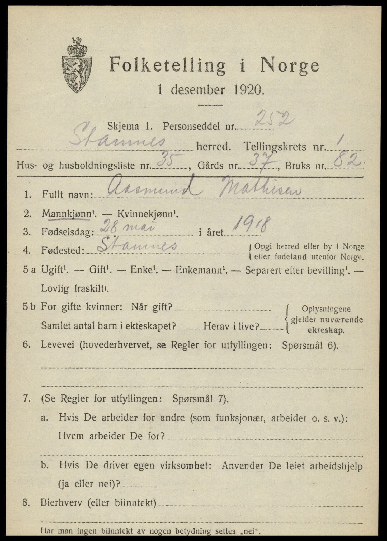 SAT, 1920 census for Stamnes, 1920, p. 1070