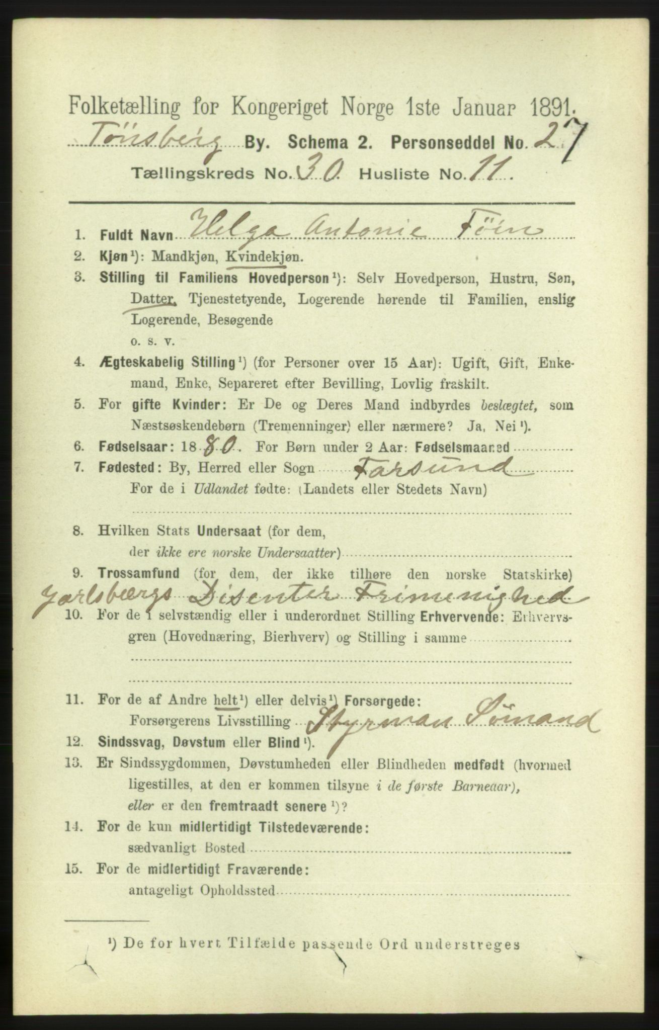 RA, 1891 census for 0705 Tønsberg, 1891, p. 7369