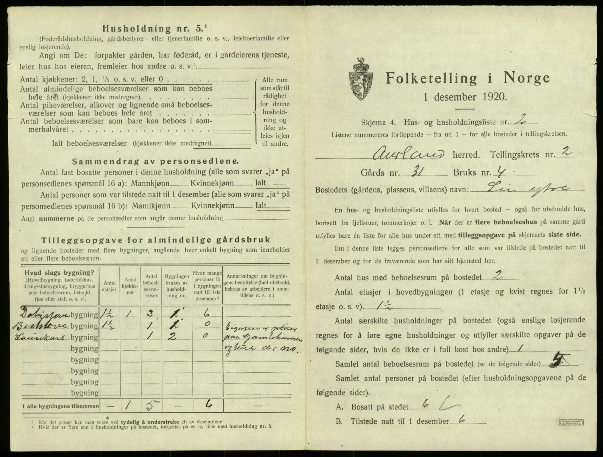 SAB, 1920 census for Aurland, 1920, p. 198