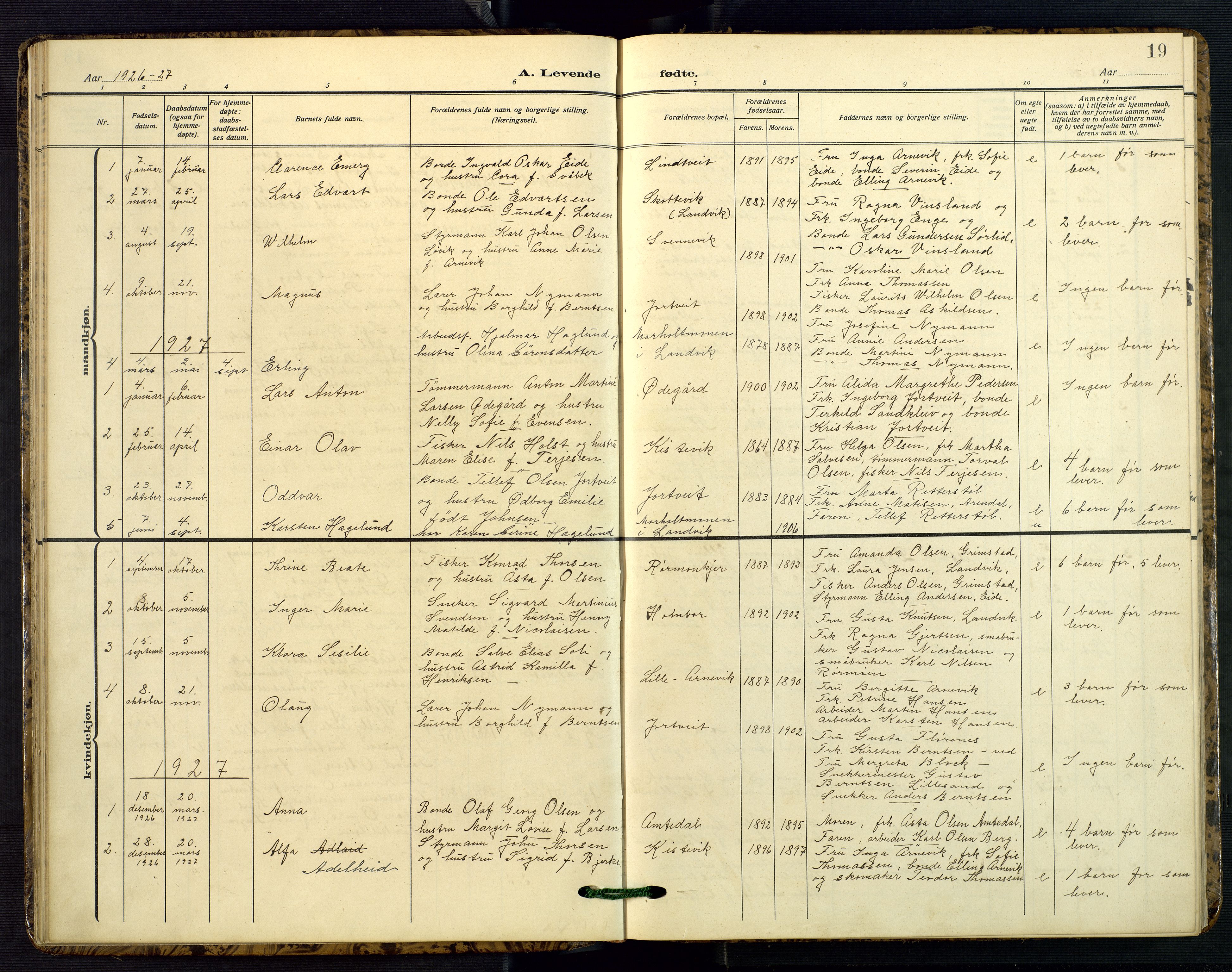 Hommedal sokneprestkontor, SAK/1111-0023/F/Fb/Fba/L0005: Parish register (copy) no. B 5, 1909-1957, p. 19