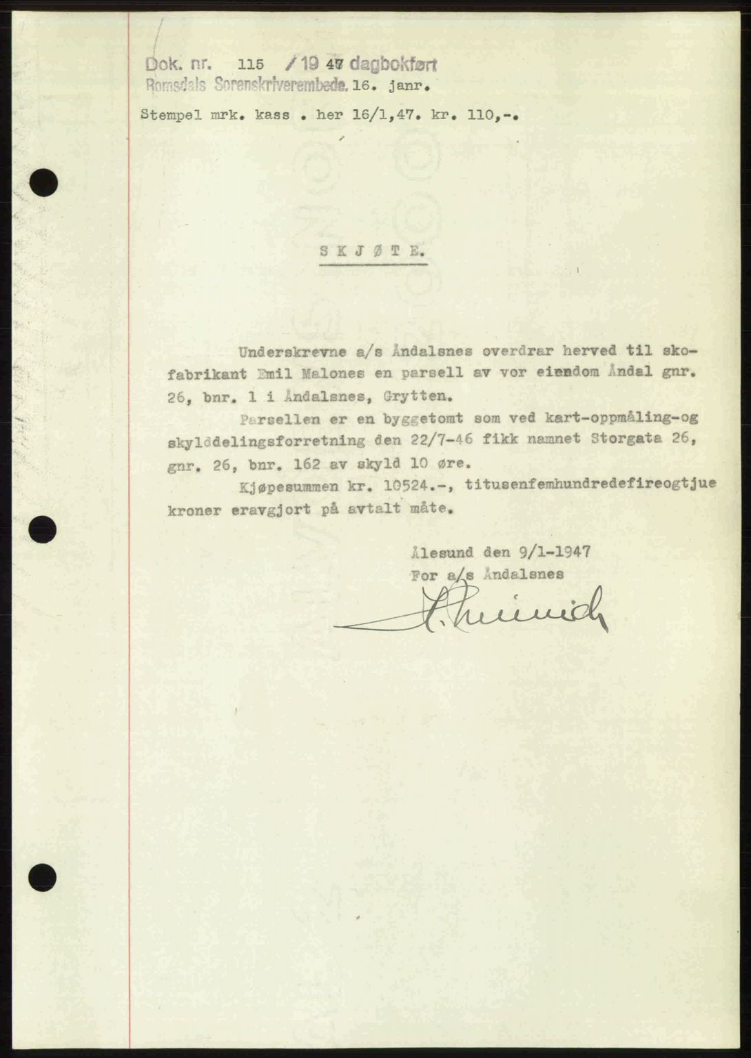 Romsdal sorenskriveri, AV/SAT-A-4149/1/2/2C: Mortgage book no. A22, 1947-1947, Diary no: : 115/1947