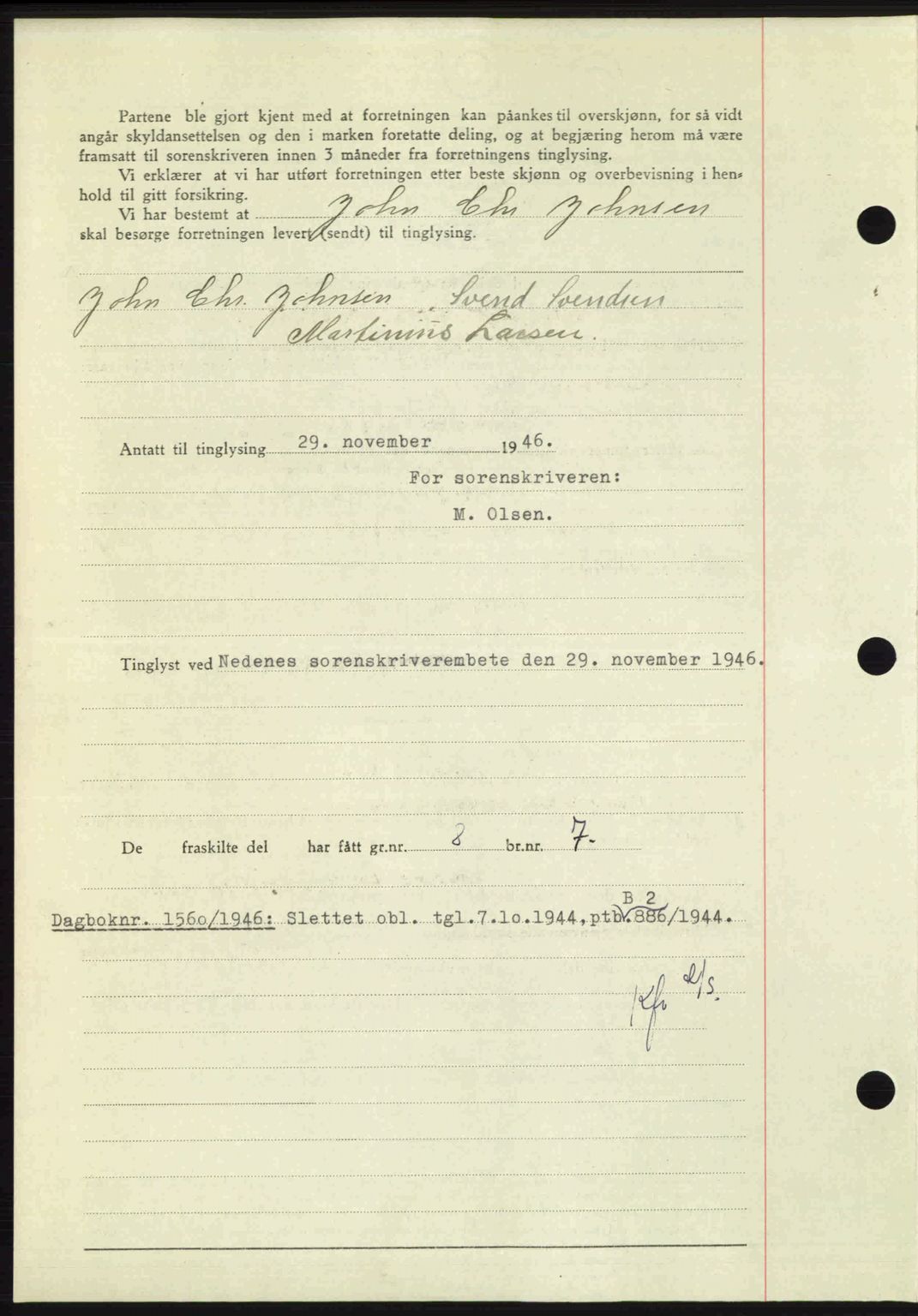 Nedenes sorenskriveri, AV/SAK-1221-0006/G/Gb/Gba/L0056: Mortgage book no. A8, 1946-1947, Diary no: : 1559/1946