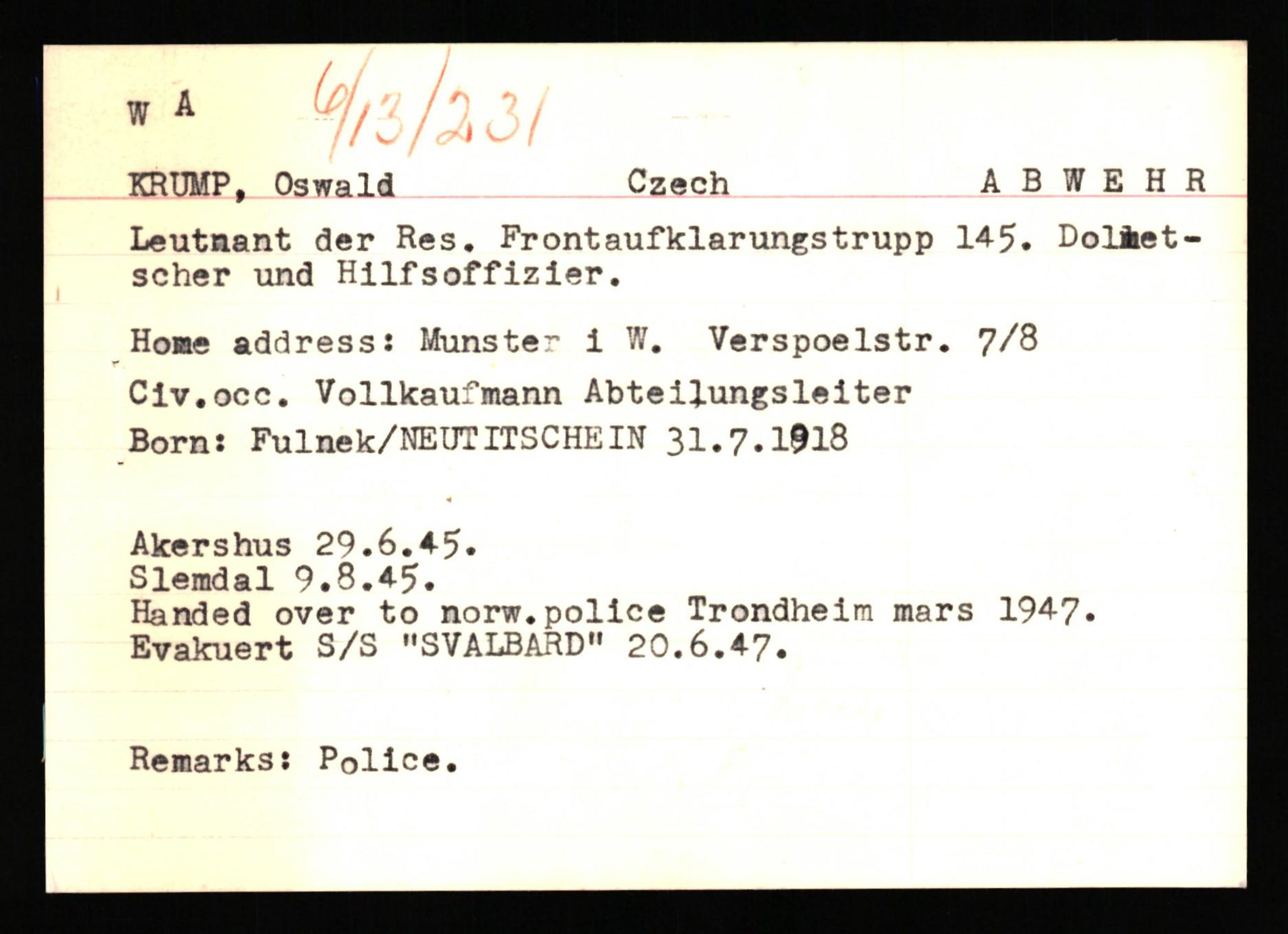 Forsvaret, Forsvarets overkommando II, RA/RAFA-3915/D/Db/L0041: CI Questionaires.  Diverse nasjonaliteter., 1945-1946, p. 246