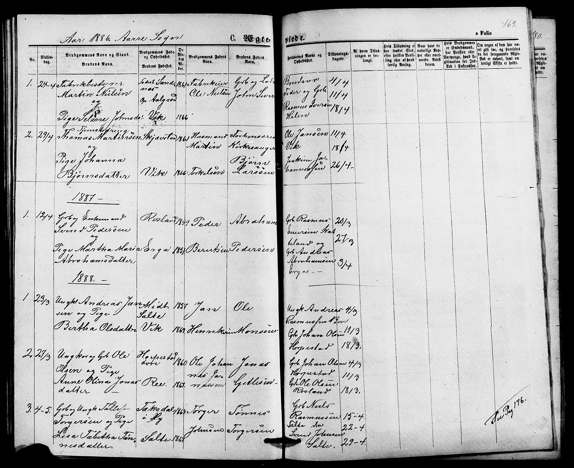Klepp sokneprestkontor, SAST/A-101803/001/3/30BB/L0003: Parish register (copy) no. B 3, 1876-1888, p. 169