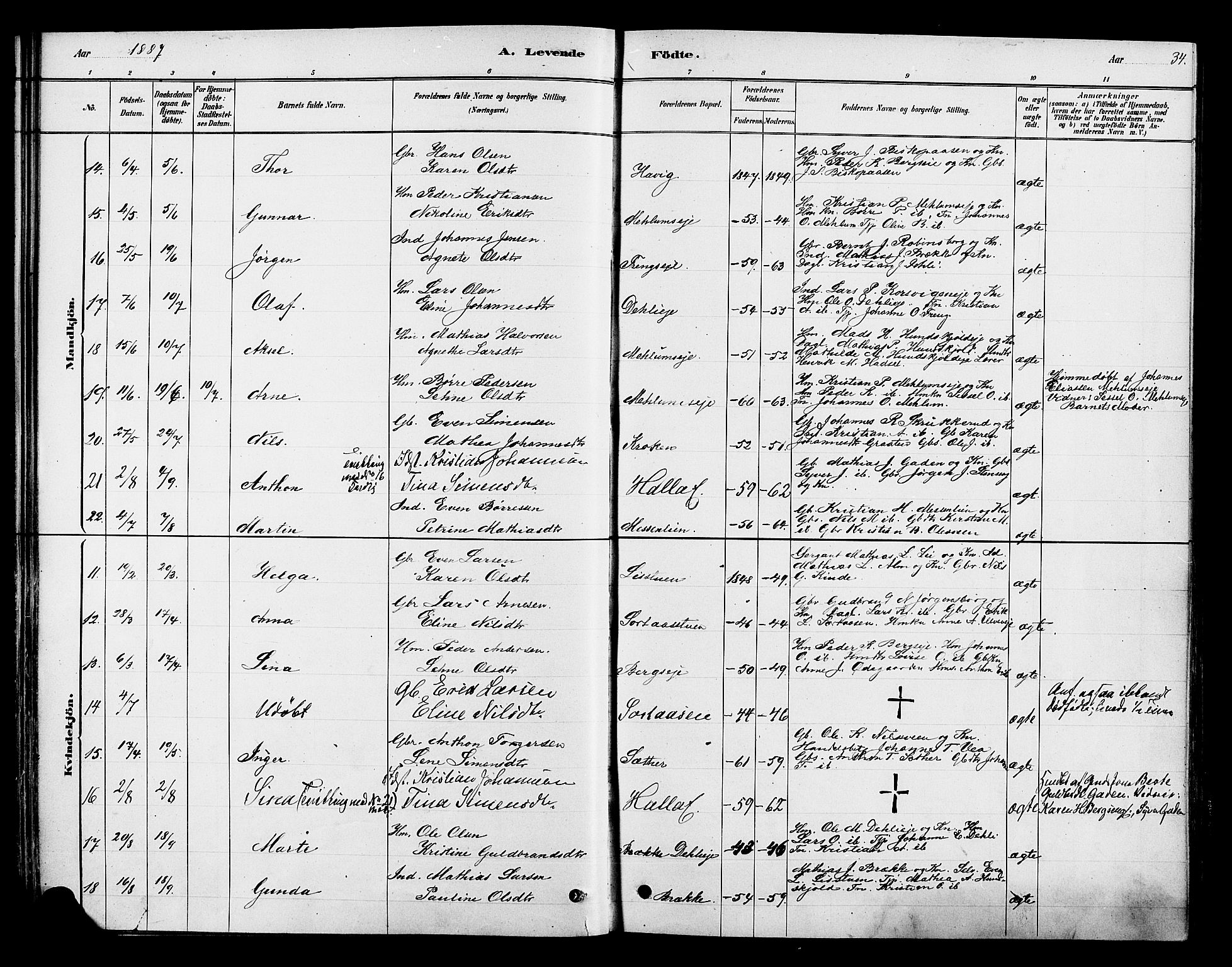 Ringsaker prestekontor, AV/SAH-PREST-014/K/Ka/L0013: Parish register (official) no. 13, 1879-1890, p. 34