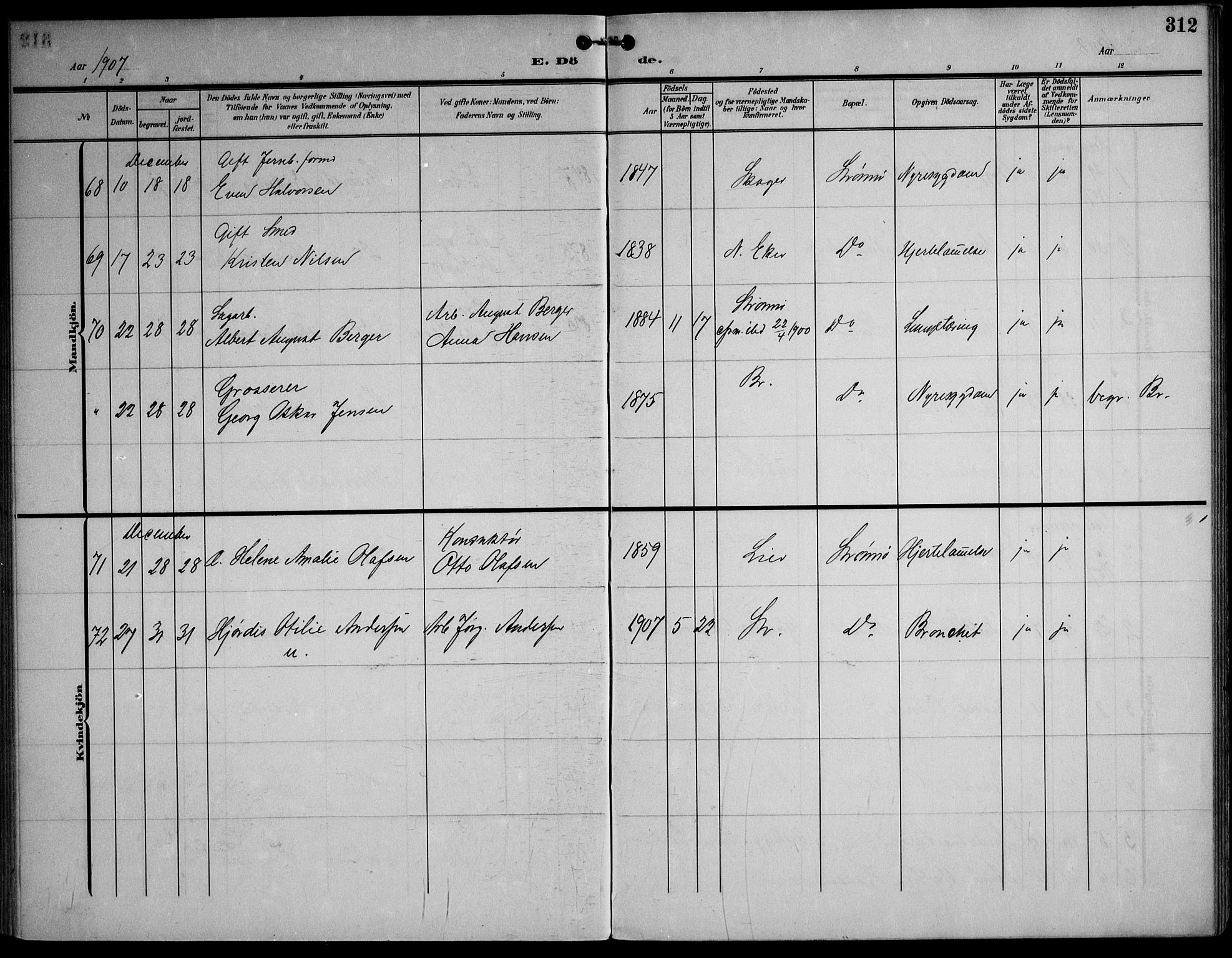 Strømsø kirkebøker, AV/SAKO-A-246/F/Fa/L0026: Parish register (official) no. I 26, 1905-1914, p. 312