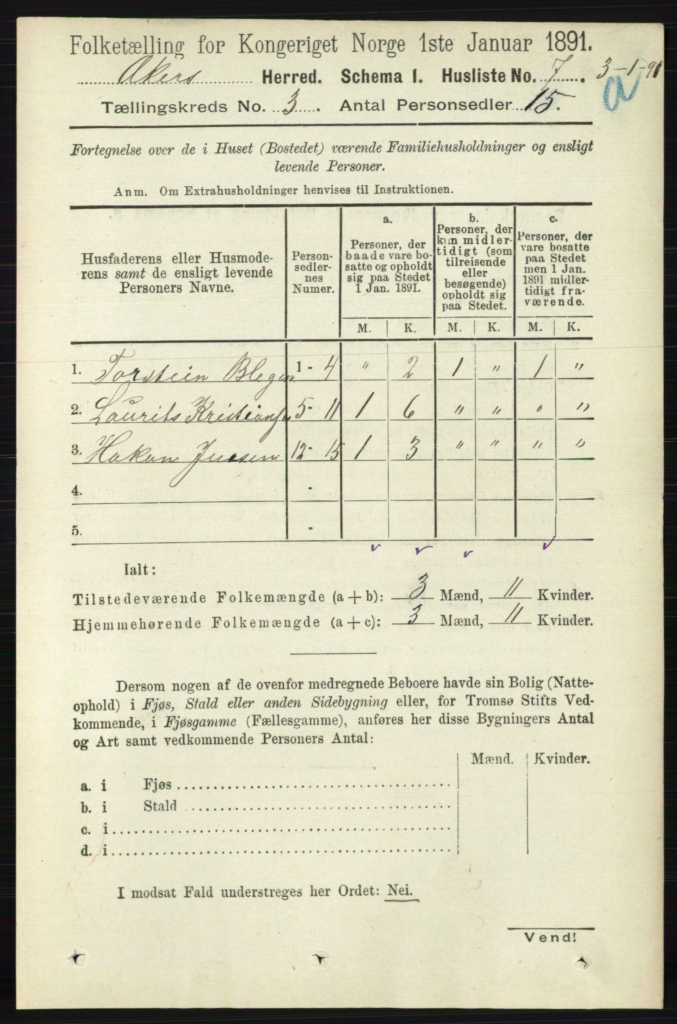 RA, 1891 census for 0218 Aker, 1891, p. 2835