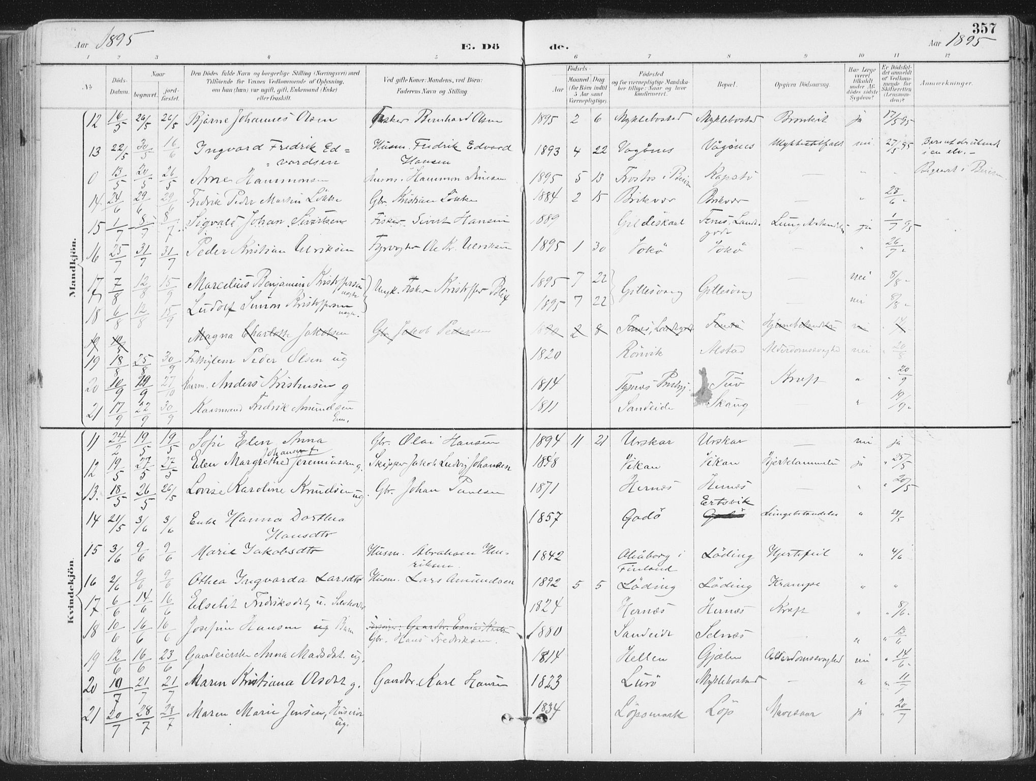 Ministerialprotokoller, klokkerbøker og fødselsregistre - Nordland, AV/SAT-A-1459/802/L0055: Parish register (official) no. 802A02, 1894-1915, p. 357
