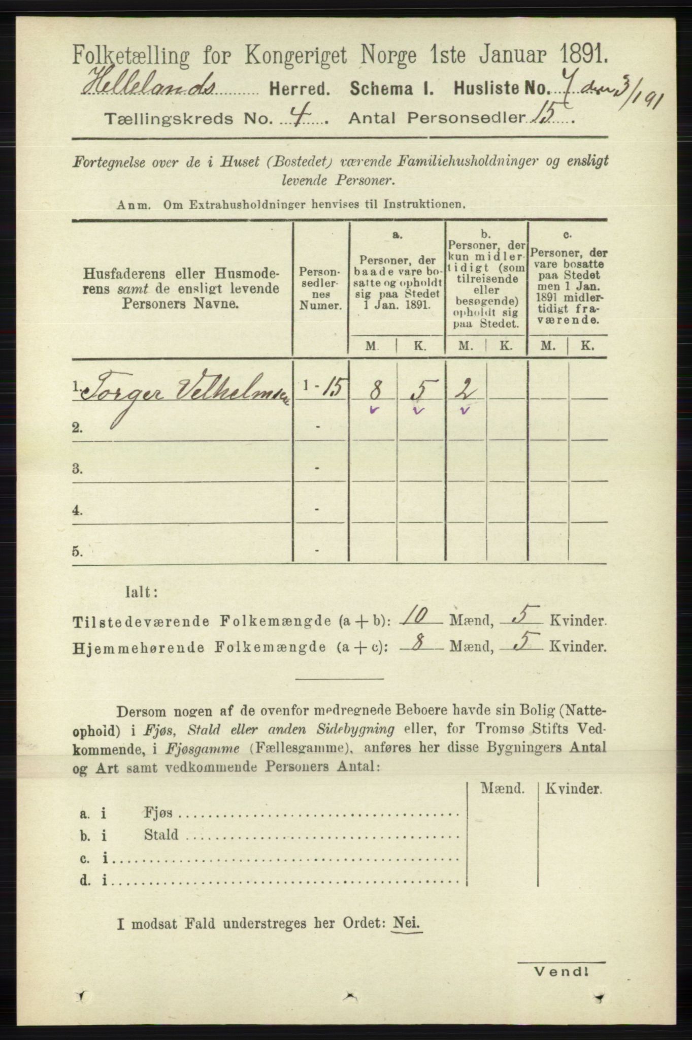 RA, 1891 census for 1115 Helleland, 1891, p. 1118