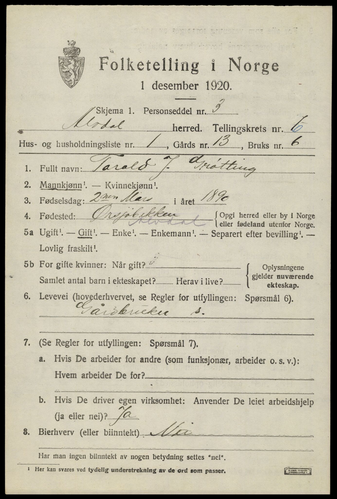 SAH, 1920 census for Alvdal, 1920, p. 3864