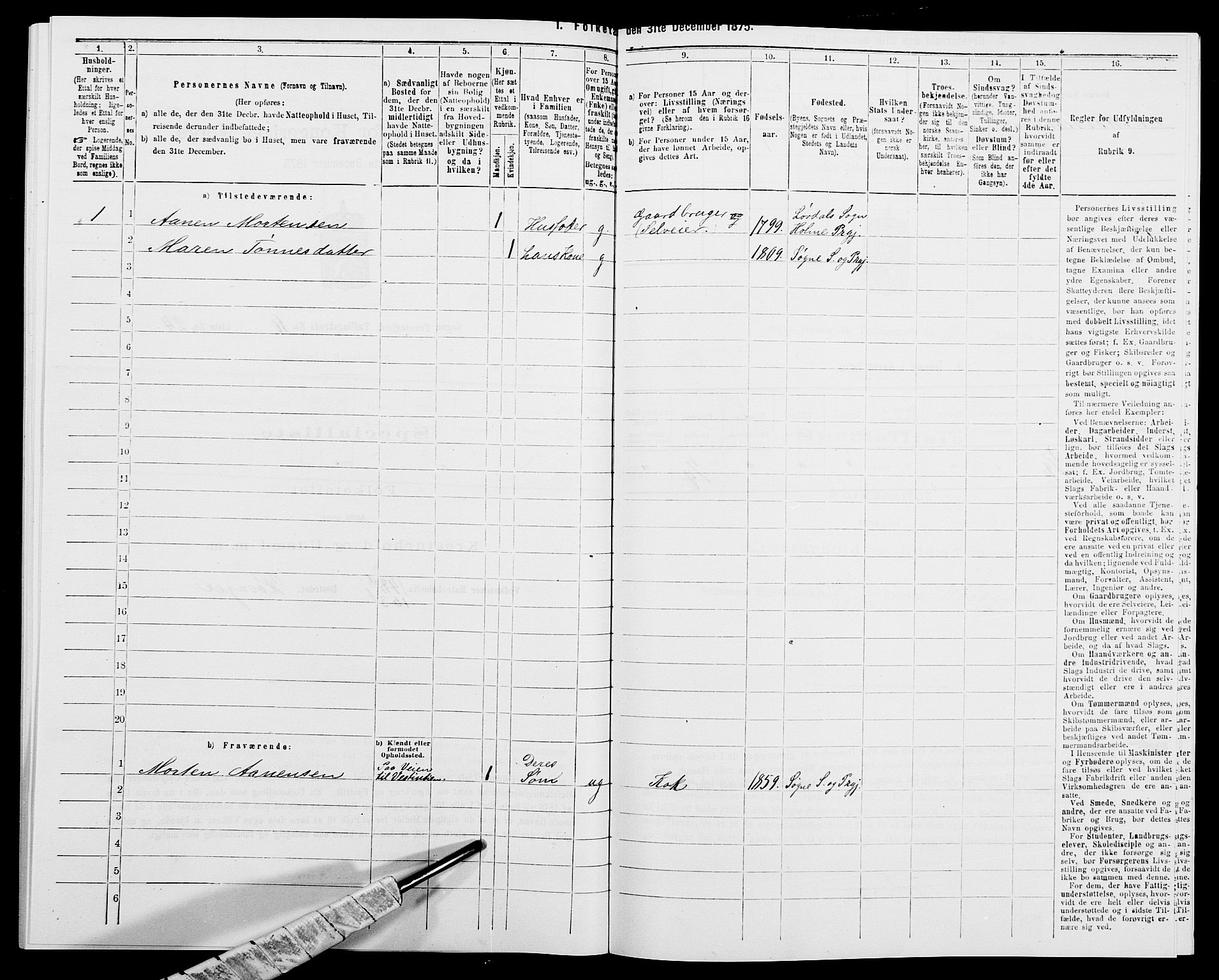 SAK, 1875 census for 1018P Søgne, 1875, p. 831