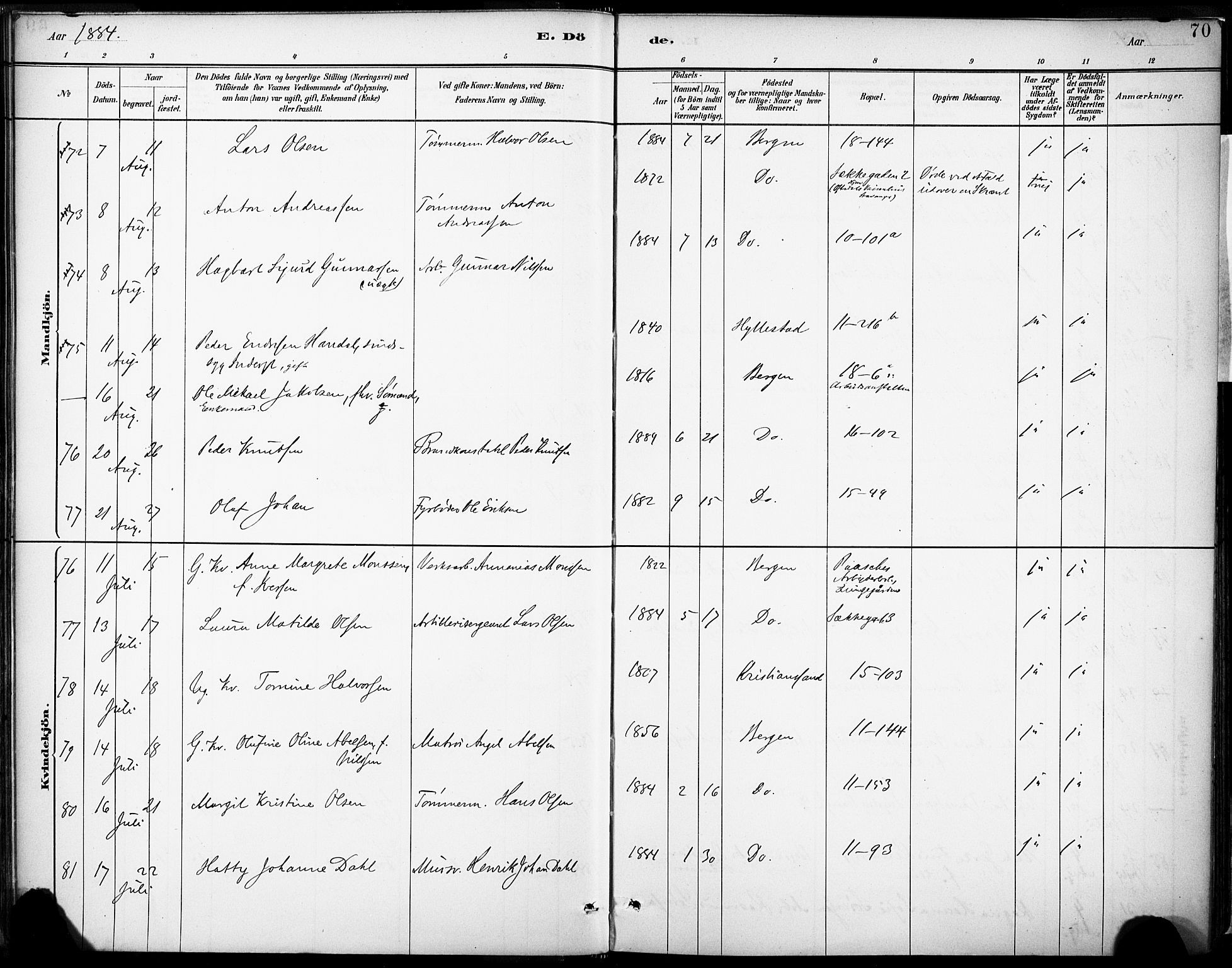 Domkirken sokneprestembete, SAB/A-74801/H/Haa/L0043: Parish register (official) no. E 5, 1882-1904, p. 70