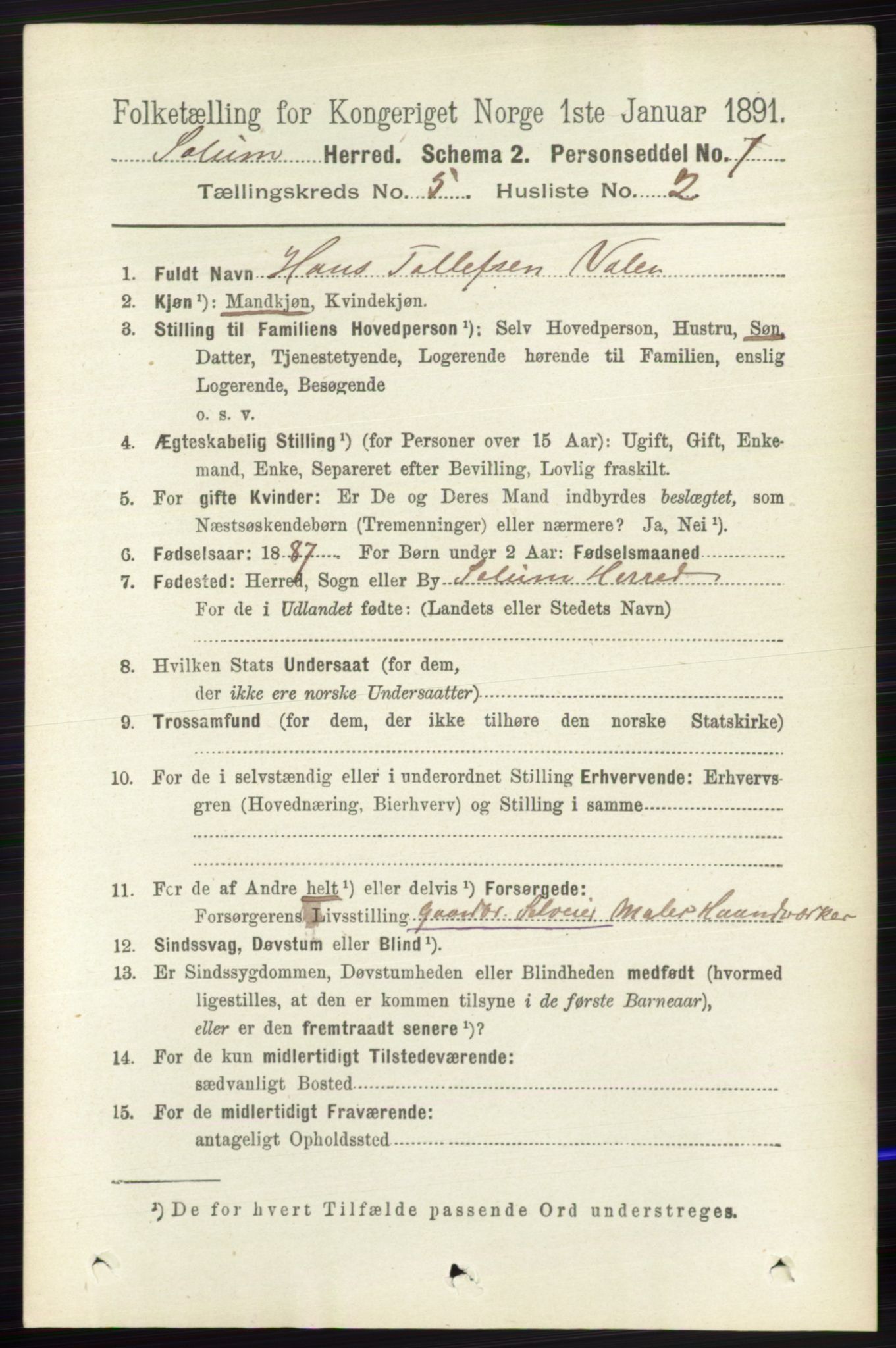 RA, 1891 census for 0818 Solum, 1891, p. 845