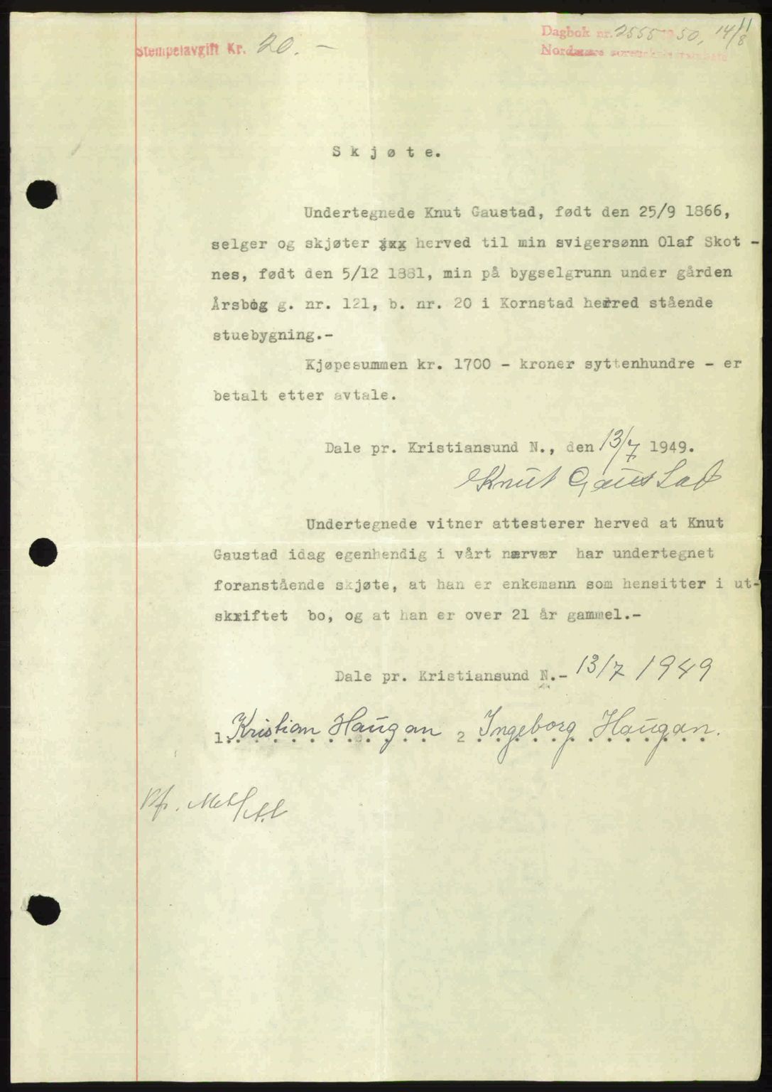 Nordmøre sorenskriveri, AV/SAT-A-4132/1/2/2Ca: Mortgage book no. A116, 1950-1950, Diary no: : 2555/1950