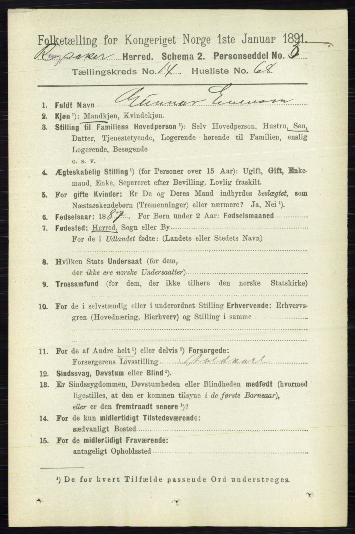 RA, 1891 census for 0412 Ringsaker, 1891, p. 8238