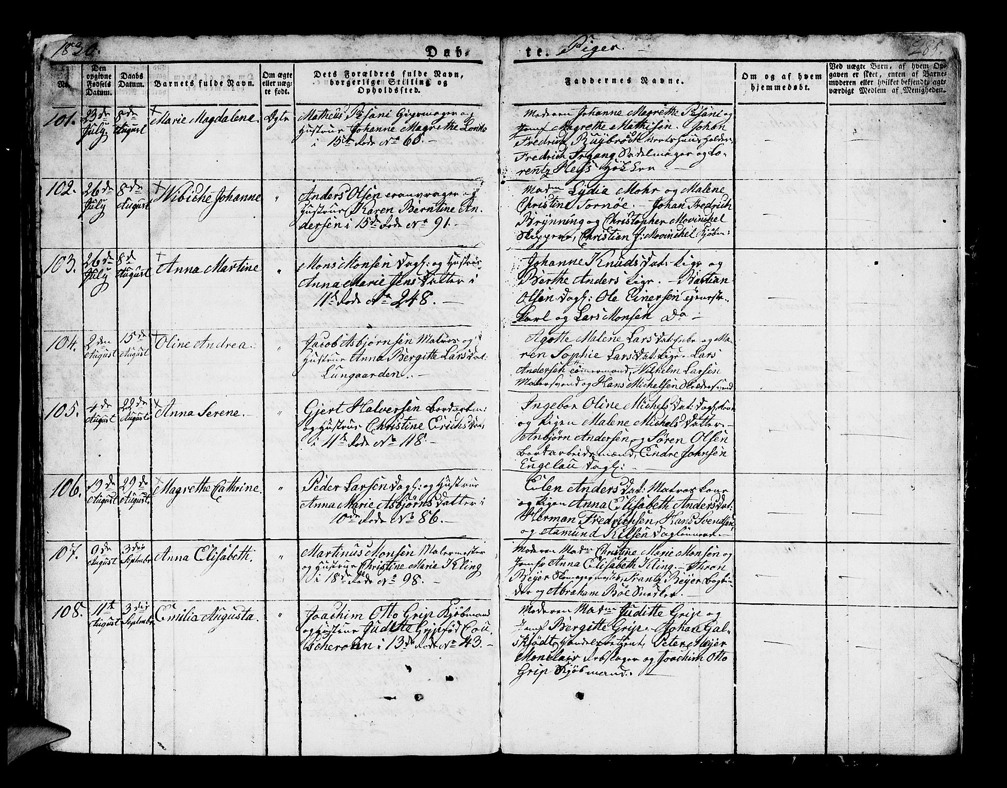 Domkirken sokneprestembete, SAB/A-74801/H/Hab/L0005: Parish register (copy) no. A 5, 1821-1830, p. 285
