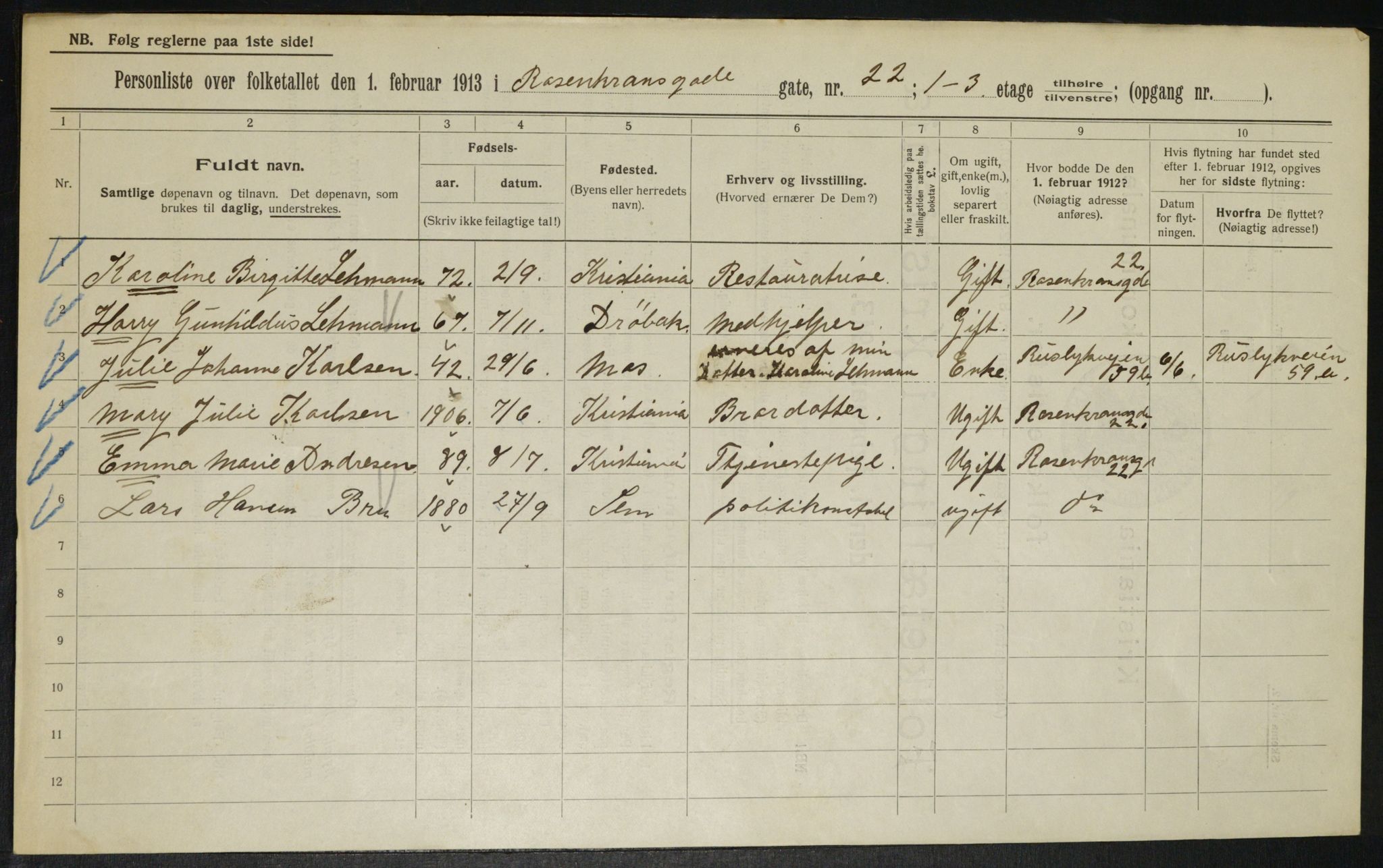 OBA, Municipal Census 1913 for Kristiania, 1913, p. 84022