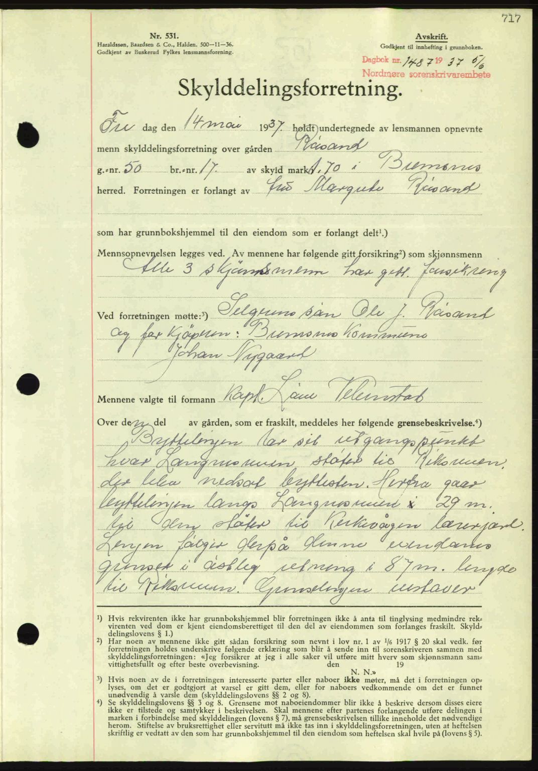 Nordmøre sorenskriveri, AV/SAT-A-4132/1/2/2Ca: Mortgage book no. A81, 1937-1937, Diary no: : 1487/1937