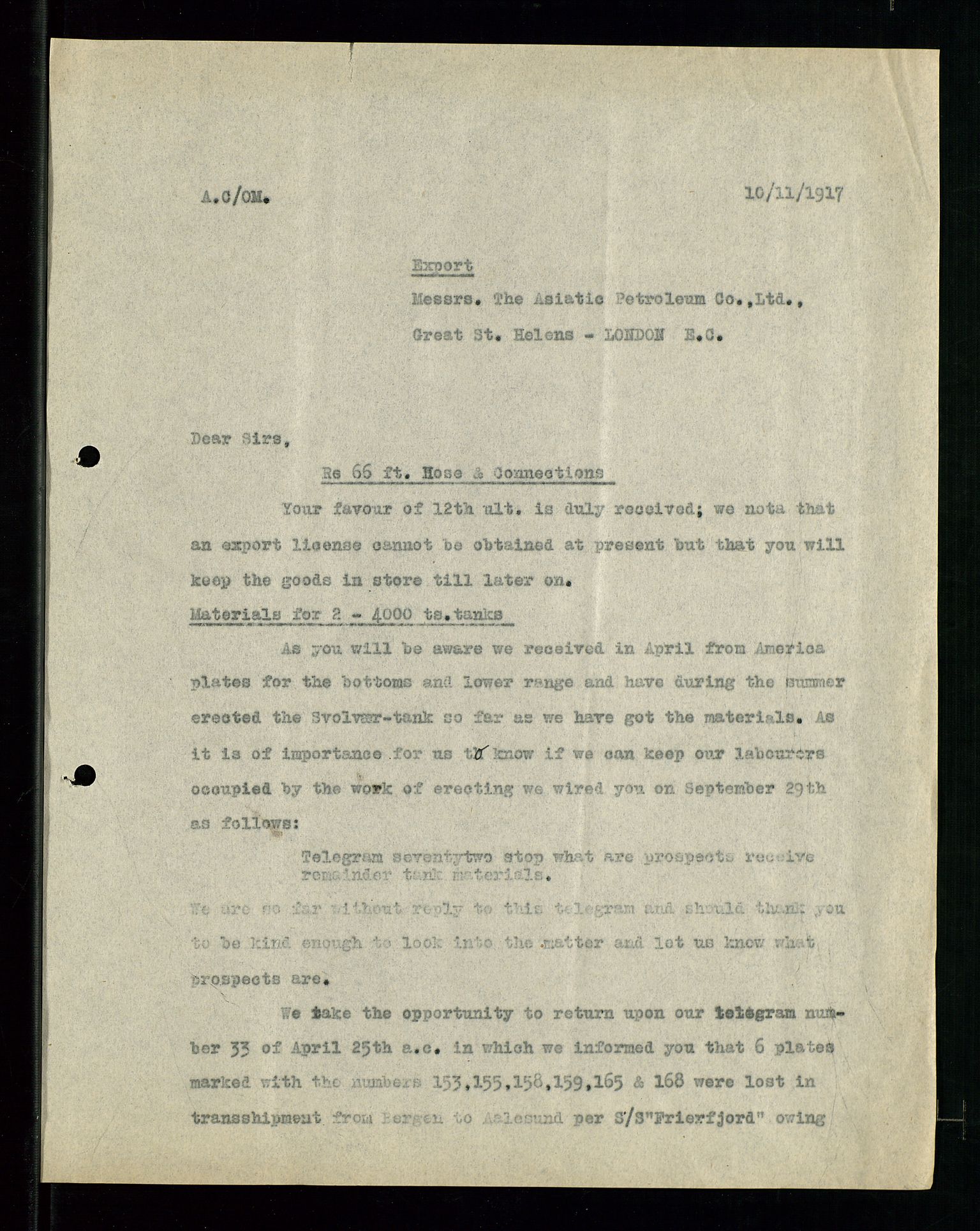 Pa 1521 - A/S Norske Shell, AV/SAST-A-101915/E/Ea/Eaa/L0001: Sjefskorrespondanse, 1917, p. 81